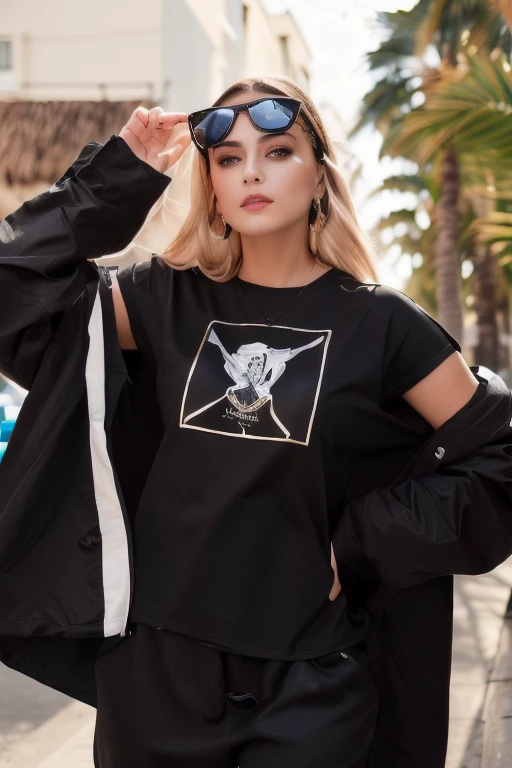 A woman in a black shirt and sunglasses is walking along a sidewalk lined with palm trees, Graphic T-shirts, Diant Word Stylewear, "pig, Wearing black!! T-shirts, outlive streetwear collection, Wearing a black T-shirt, Major Arcana Clothing, near beach, She wears streetwear, Wearing black t-shirt, Photos of women in techwear, Mid Shot Portrait