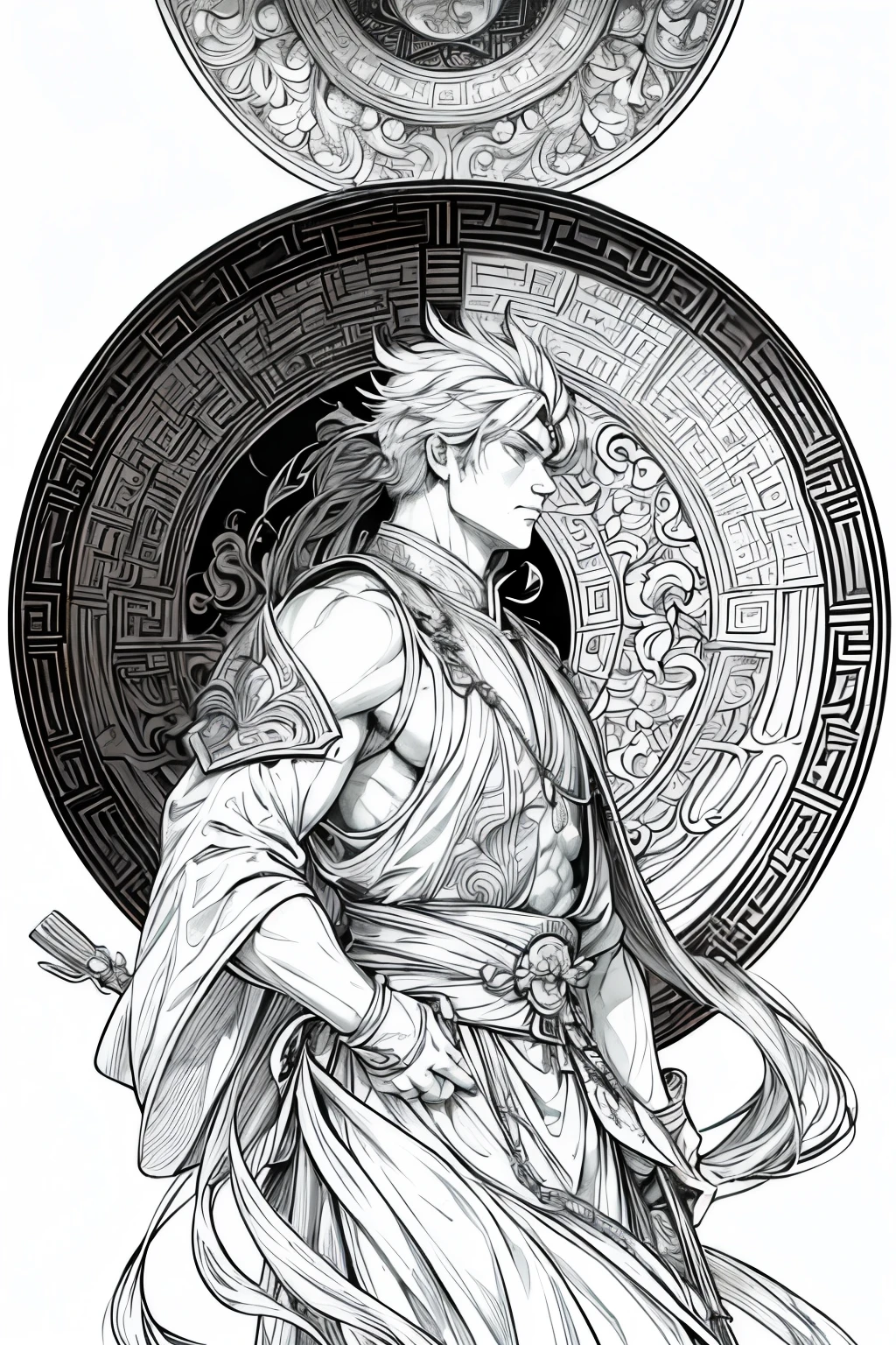 (Cloisonnism:1.2), White background, (post renaissance stained glass aesthetic:1.1), 1 Chinese hero, masculine aesthetic, head, monk hair, warrior born who strives with pure intent, heroic, mighty, Ancient Ming Dynasty elements and aesthetics, reasonable design, Clear lines, (lineart, monochrome)