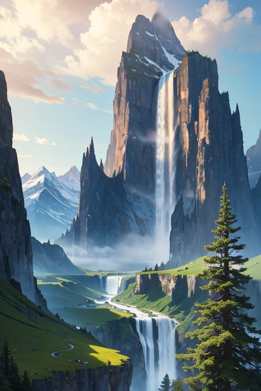 A mountain with a waterfall and a few trees in the foreground., Impressive fantasy landscapes, an grand landscape, fantasy coated painting,cute, Fantasy Art Landscape, most grand landscape, Digital painting matte 4k hd, Grand fantasy landscape, Highly detailed 4k digital artwork., A grand dream-like fantasy landscape., grand landscape, 4k matte painting, Ross Tran. beautiful background
