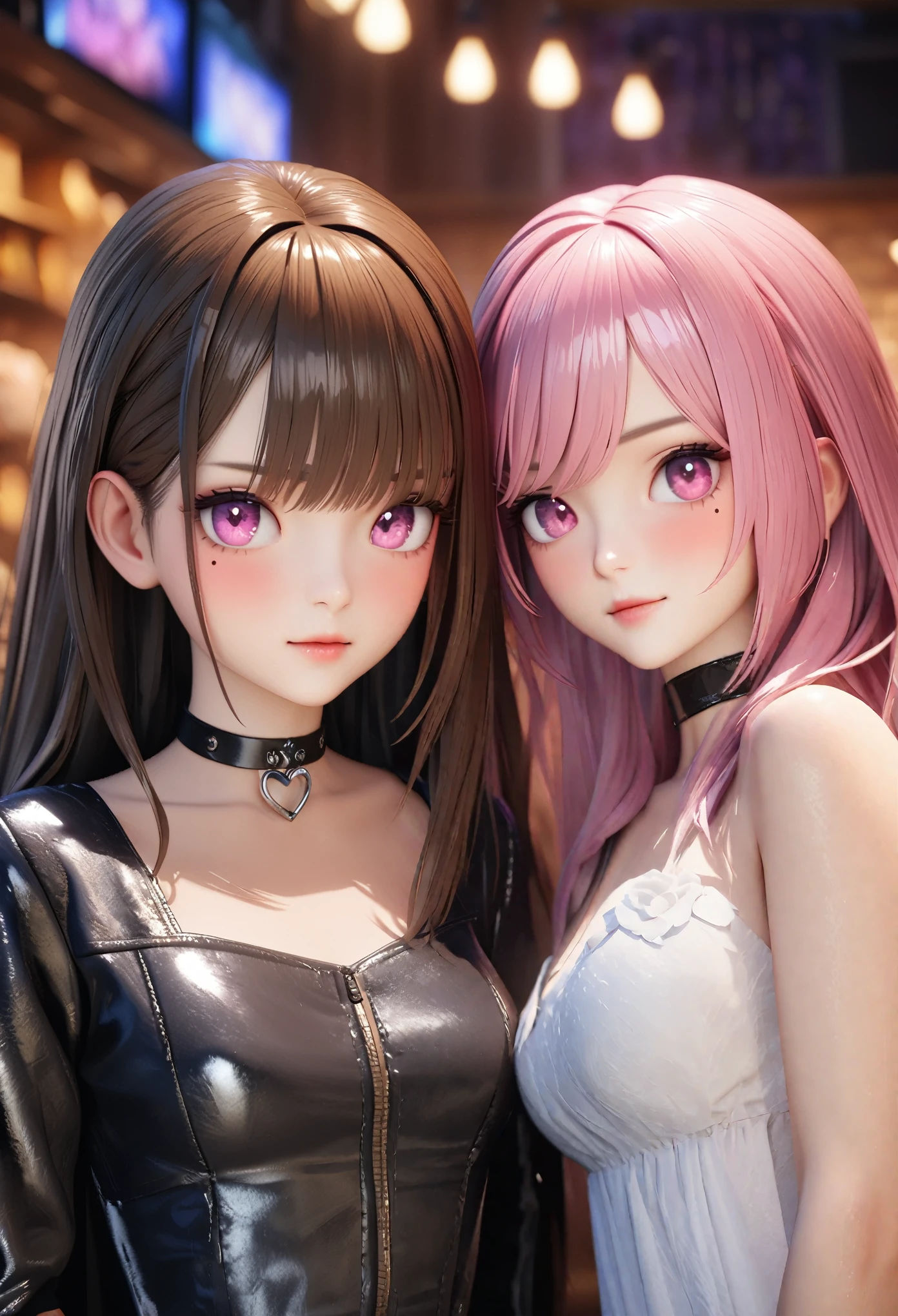 masterpiece, best quality, very detailed, high resolution, expensive resolution, high resolution, 4K, 8k, Unity 8k wallpaper, highly detailed CG, masterpiece, 2D, 3D, beautiful details, depth, fine texture, best quality: 1.3, perfectly focused, crispy skin, he,
Very cute anime girl, two girls who are employees of a night bar, sexy dress, big breasts, expensive pink medium long hair and brown short hair, two girls, night bar, mole under eye, looking at the viewer, expensive, blush, mole, lips parted,, heart, pink eyes, choker