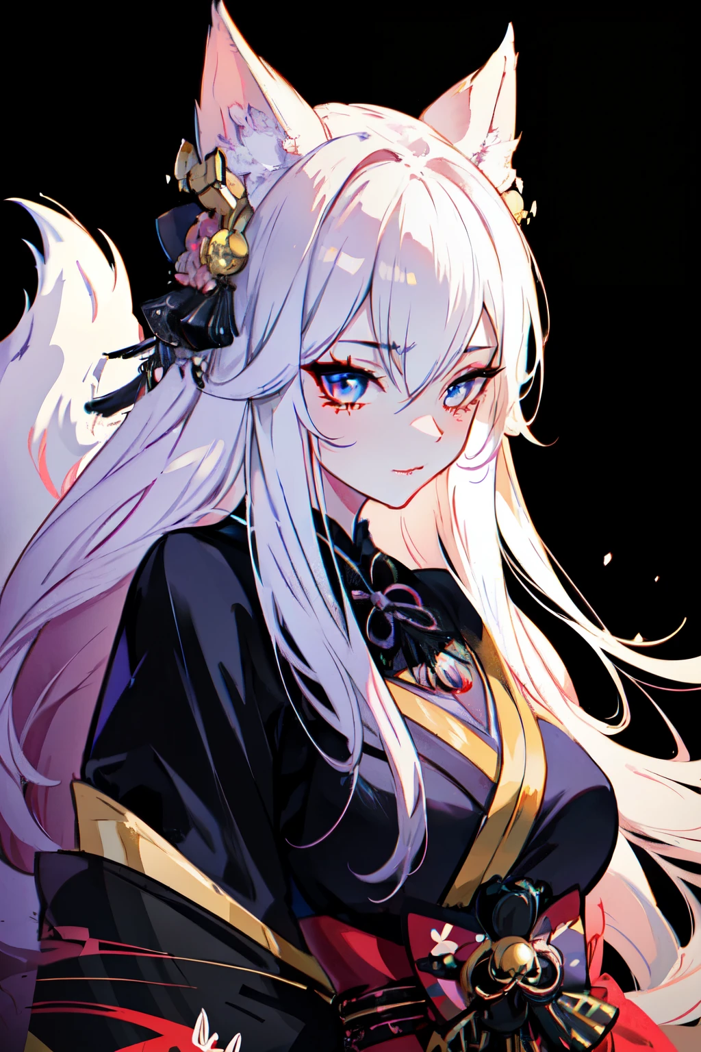 a beautiful fox girl with long white hair, seductive gaze, japanese kimono with black details in hair and tail, extremely detailed face and eyes, 1girl, elegant, photorealistic, cinematic lighting, vibrant colors, fantasy, digital painting, intricate details