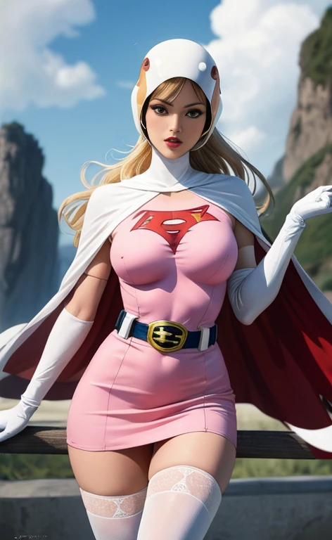 The real picture, sexy, The Beauty of Japan, beautiful girl, Actual Photos, Best image quality, Beautiful thighs, Beautiful images, straight, Temporarily stop, Looking at the audience, break, (Retro art style:1.1) ANI_CLASSIC_jun_gatchaman_ownwaifu, Jun the swan, Long Hair, chest, Green Eyes, lips, medium chest, Blonde Hair, lipstick, Compensate, White legwear, pink bodycon dress, Superhero, Bodysuit one piece, Cape, gloves, Helmet, belt, elbow gloves, white gloves, mask, skirt, White Stockings, Perfect for your skin, Official Art, High resolution, scenery, (masterpiece:1.1), (best quality,:1.1), (high quality:1.1), White legwear, pink dress, Superhero, mini skirt one piece,
