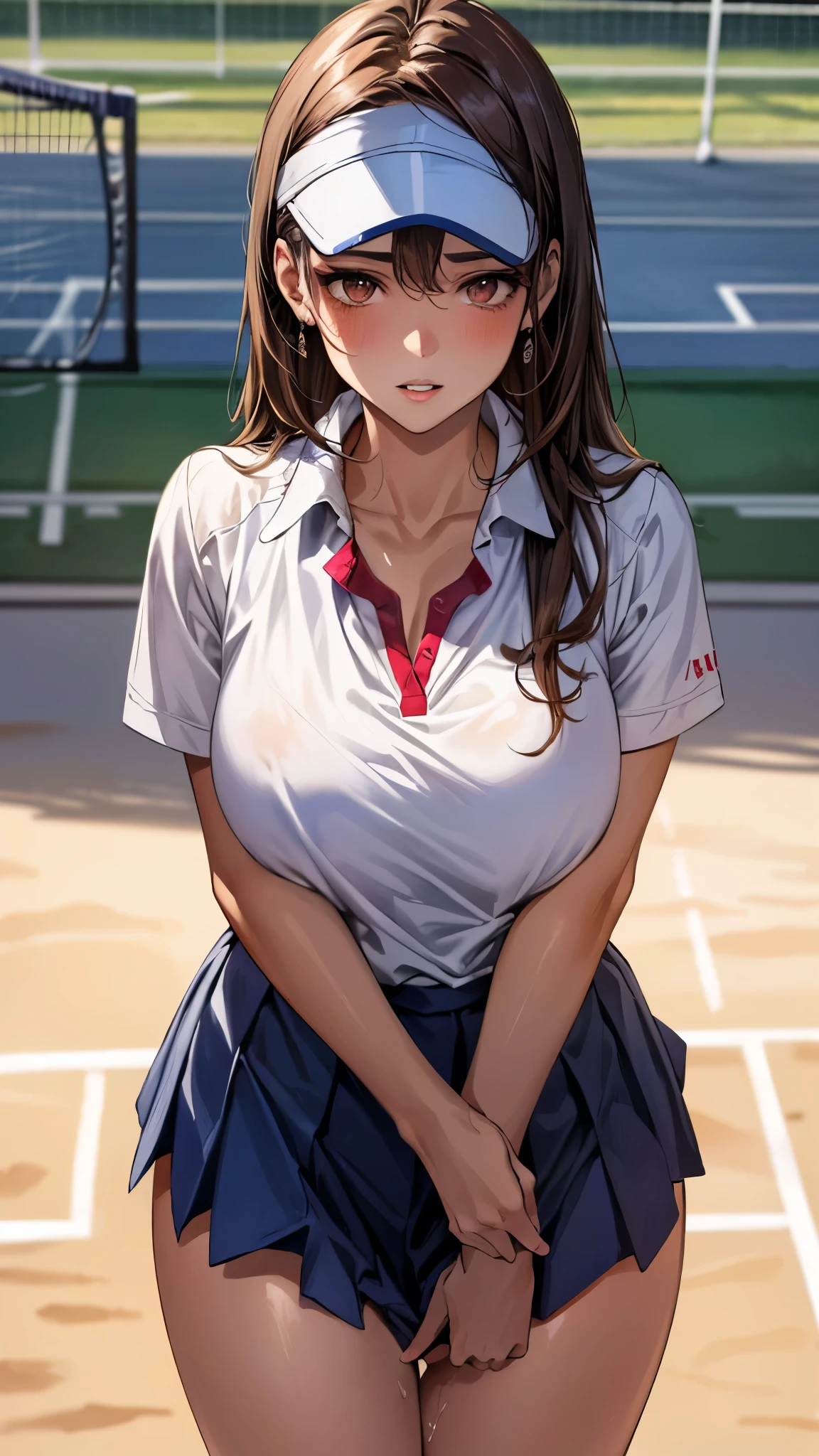 (depicting a single moment from anime for adults), ((pleated skirt, round face, eyes with realistic sizing, drooping eyes, blush, shame smile, spread legs slightly)), (((hit her crotch on the corner of the tennis racket for self pleasure, ecstasy))),