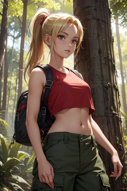 Girl wears a red cropped shirt and shows her midriff and belly button, ((shot cargo pants)), backpack , blonde hair, ponytail hair , in forest, Australian girl 