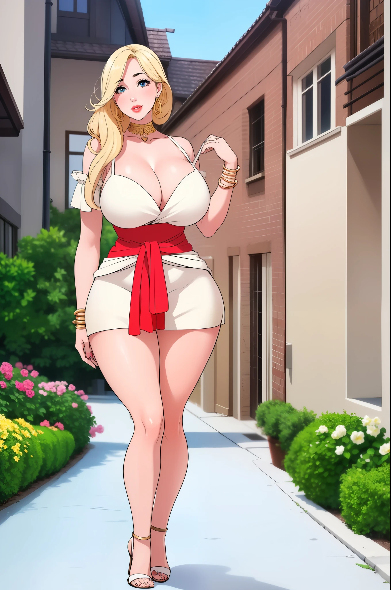 An extremely beautiful busty woman with gold blonde long silky hair, blue oceanic eyes, extremely super bright snow white fair stunning flawless glowing lush shiny white skin, and complexion, a perfect tight hourglass figure, a thick plump ass, cleavage, and perfect hips, wearing a short sexy loose revealing white floral dress with a red sash around the waist and a light brown off-shoulder cardigan, yellow heels, jewelry on the neck, gold bangles on her wrist, and anklets on her legs, gold earrings, a cute adorable smile, pink puffy lips, pink nails, red rose on hair, standing straight, hands joined together, looking at the viewer, big garden in the background, day time, show full body from head to feet.