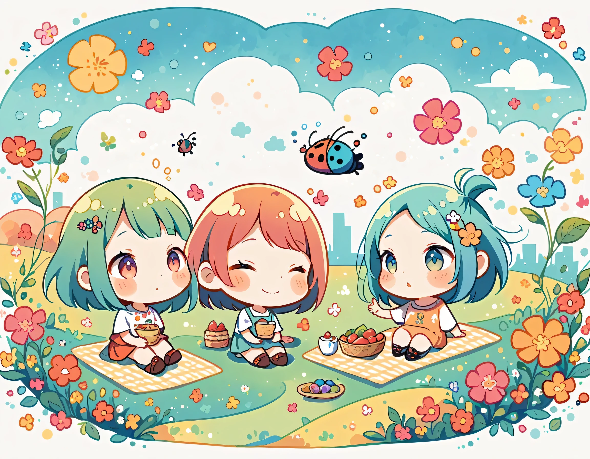 Makoto Shinkai style, kawaii design,Dreams and Hopes,Simple Line Initialism,Abstract art,Urban Background, (((The most beautiful girl))), (((chibi))), picnic, colorful flowers, Colorful and cute pillbugs, dream and hoops