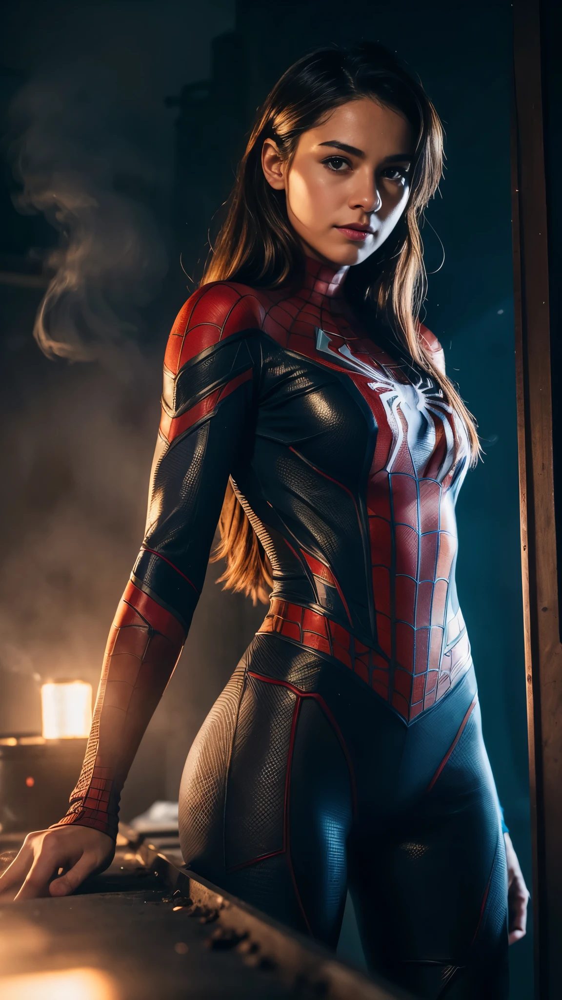 A photograph of spider-man, no mask, 25 yo girl, pretty, londe hair, detailed face, looking at camera, wearing ripped spider-man suit costume, portrait, 8k uhd, high quality, detailed eyes and detailed face, night, at night, in the night, industrial pipe, looking at viewer, air conditioner, dark room, garbage, dirty, dirty room, fog, smoke bomb, red neon background and blue neon background, dynamic lighting, backlight, cinematic