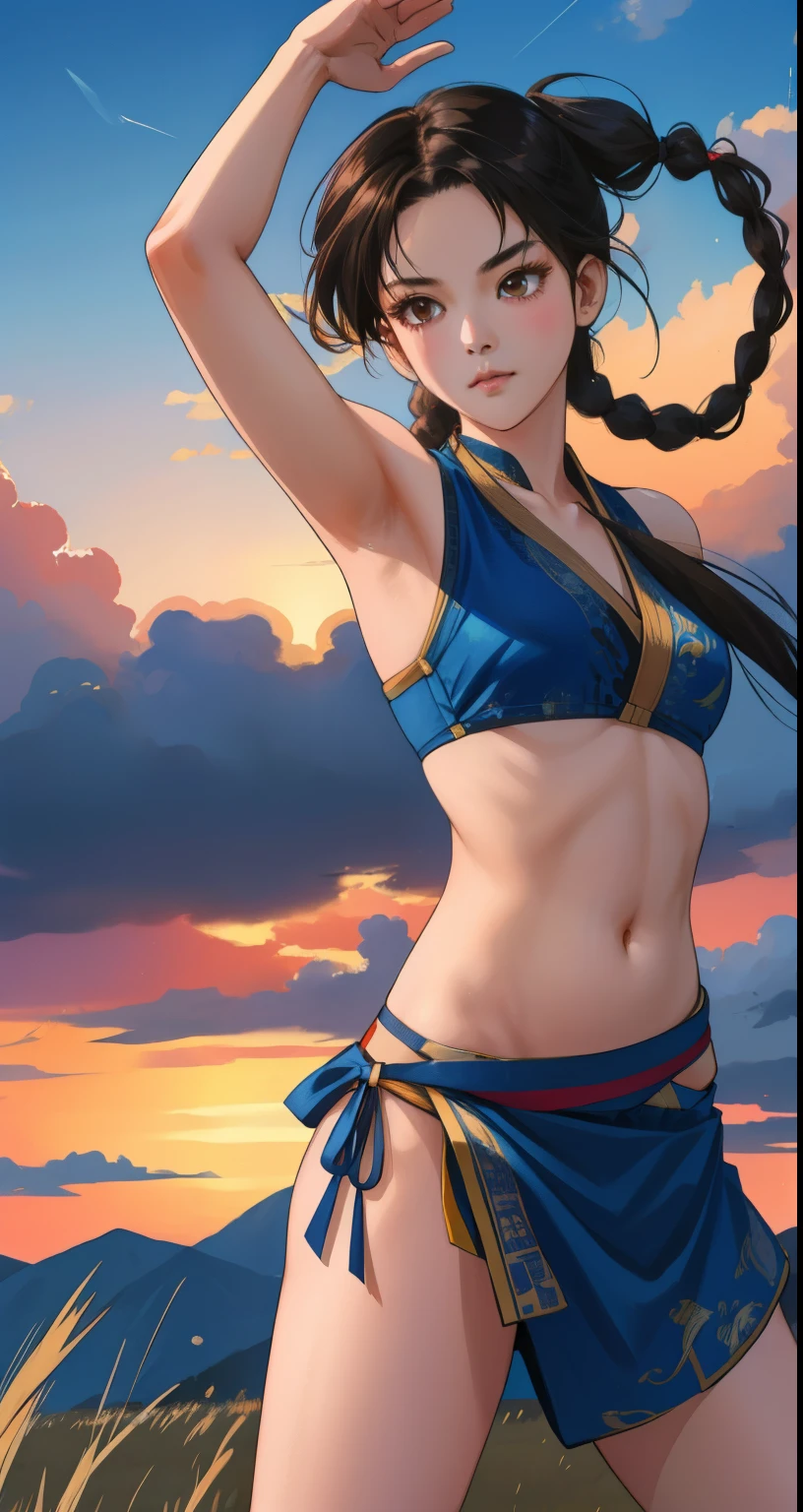 Paichan, Twin braids with blue ribbon, Brown eyes, Double good,Black Hair, alone , Tai Chi Stance, close,
disappointing,Bikini figure、Kung Fu Pose、High Kick、
 blue sky, cloudy, evening, grassland, 
(Very detailed, Beautifully detailed face, masterpiece, highest quality)   