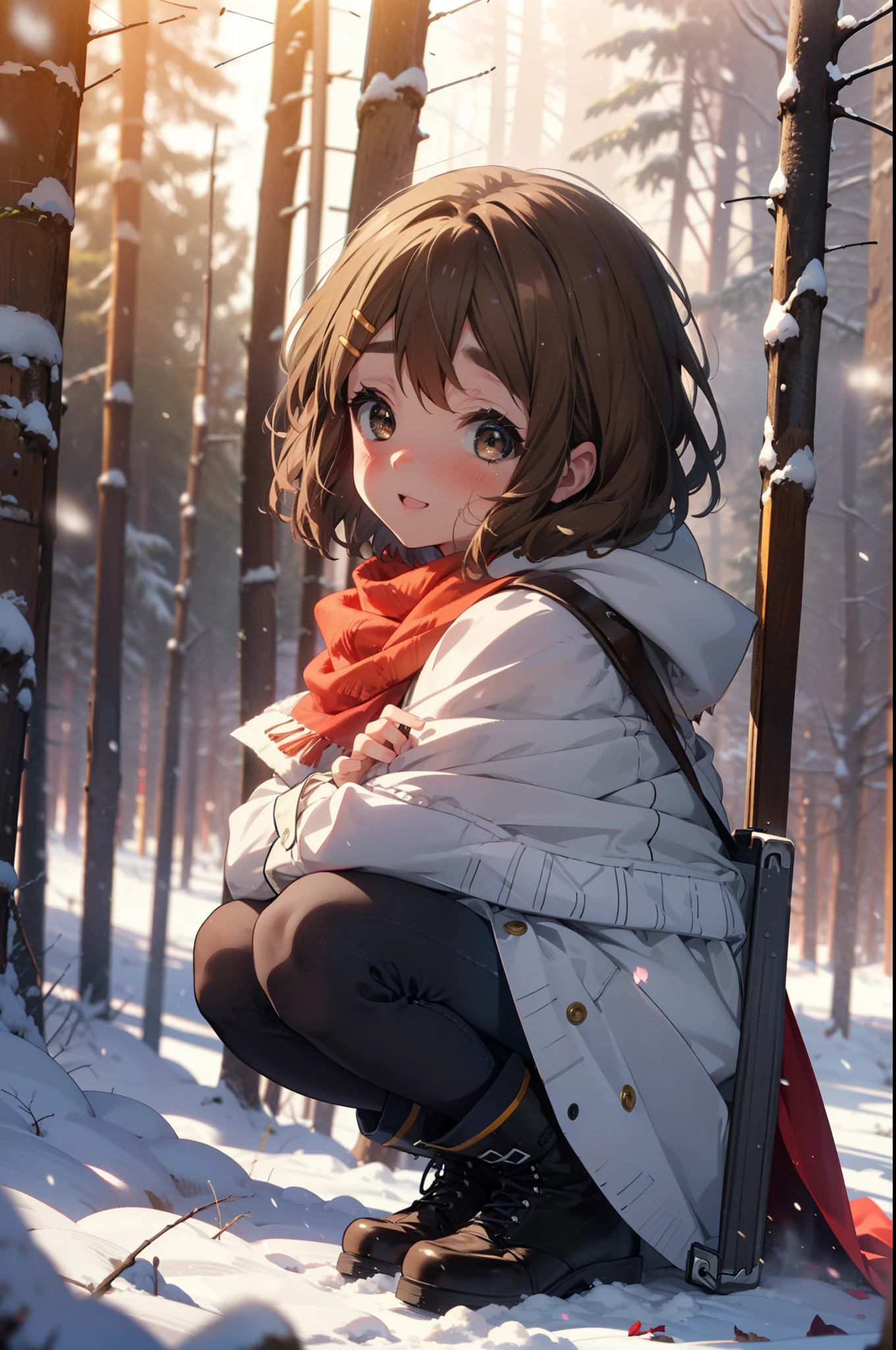 yuihirasawa, Yui Hirasawa, short hair, Brown Hair, hair ornaments, (Brown eyes:1.5), Hair Clip、smile,smile,blush,White Breath,
Open your mouth,snow,A bonfire on the ground,, Outdoor, boots, snowing, From the side, wood, suitcase, Cape, Blurred, , forest, White handbag, nature, Squat, Mouth closed, Cape, winter, Written boundary depth, Black shoes, red Cape break looking at viewer, Upper Body, whole body, break Outdoor, forest, nature, break (masterpiece:1.2), highest quality, High resolution, unity 8k wallpaper, (shape:0.8), (Beautiful and beautiful eyes:1.6), Highly detailed face, Perfect lighting, Extremely detailed CG, (Perfect hands, Perfect Anatomy),