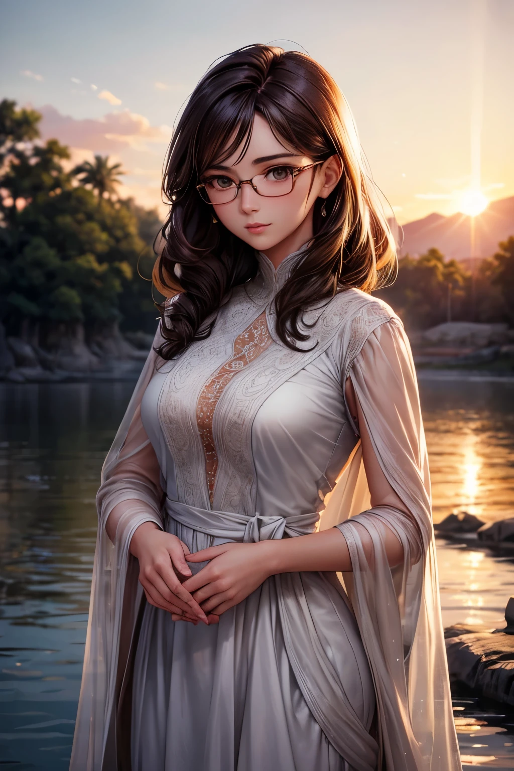 Picture Prompt: A breathtaking cinematic photograph of a 30-year-old woman adorned with glasses, capturing a moment of profound introspection. The image showcases a woman of exceptional beauty, with a perfect face characterized by high cheekbones, thin nose, and full lips tinted with a subtle hint of rose. Her brown hair, styled in a chic bob cut, frames her face and cascades gently, brushed by the golden rays of the setting sun.

The image is a masterpiece, crafted with a shallower depth of field to bring the woman and her glasses into sharp focus. The woman's eyes, shiny and deep-set, exude a