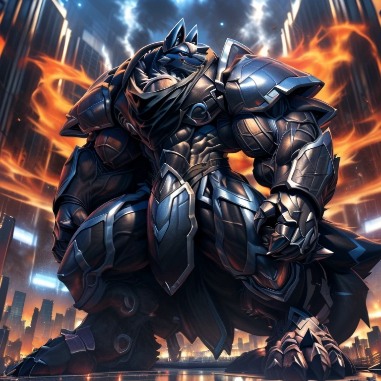 (masterpiece. official art. 8k. best quality. detailed full body. full body.)
(situation 1 : ting LUCARIO. LUCARIO is over 1000 meters long. focus GIANT mechanical Muscular LUCARIO is trampling the city. Looking down. macro. stomp. Low-angle perspective. emphasizing the immense size.)
(situation 2 :smoke and flames rising from the destruction in the city)
(Additional details 1: Face rarely seen. wearing a full-face helmet. high-tech bio-mecha armor. real texture material. whole body shines like metal. Wearing cyberpunk mecha. emphasizes the muscles. suit fully made of metal. intricate armor. Robotic suit. suit fully made of metal. cyborg. Powered exoskeleton with the same design as LUCARIO).
(Additional details 2: (Detailed head. Detailed Body. Detailed abs. gigantic muscles. HYPER MUSCLES. Gigachad Muscular. big muscle. pecs. triceps. traps. unusually developed muscular body. body full of huge muscles. showing off muscles. pectorales enormes. Exaggeratedly huge muscles. huge muscles. long legs.).
(Additional details 3: He wears a long black cloak.The claws are sharp. Sharp teeth. 5 toes.).
(Additional details 4: black color hyper penis.r black penis. big )