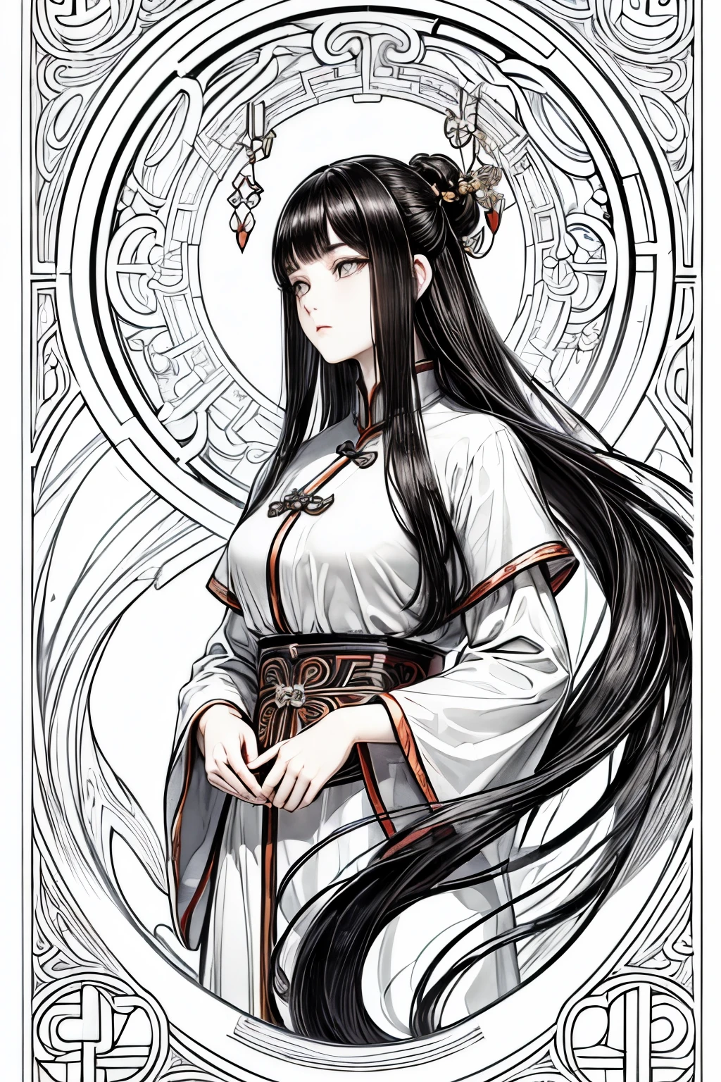 (Cloisonnism:1.2), White background, (post renaissance stained glass aesthetic:1.1), 1 Long haired Chinese girl ponytail head, no bangs, black hair, ((eyes full of luster and hope eternal)), Ancient Ming Dynasty elements and aesthetics, reasonable design, Clear lines, (lineart, monochrome)