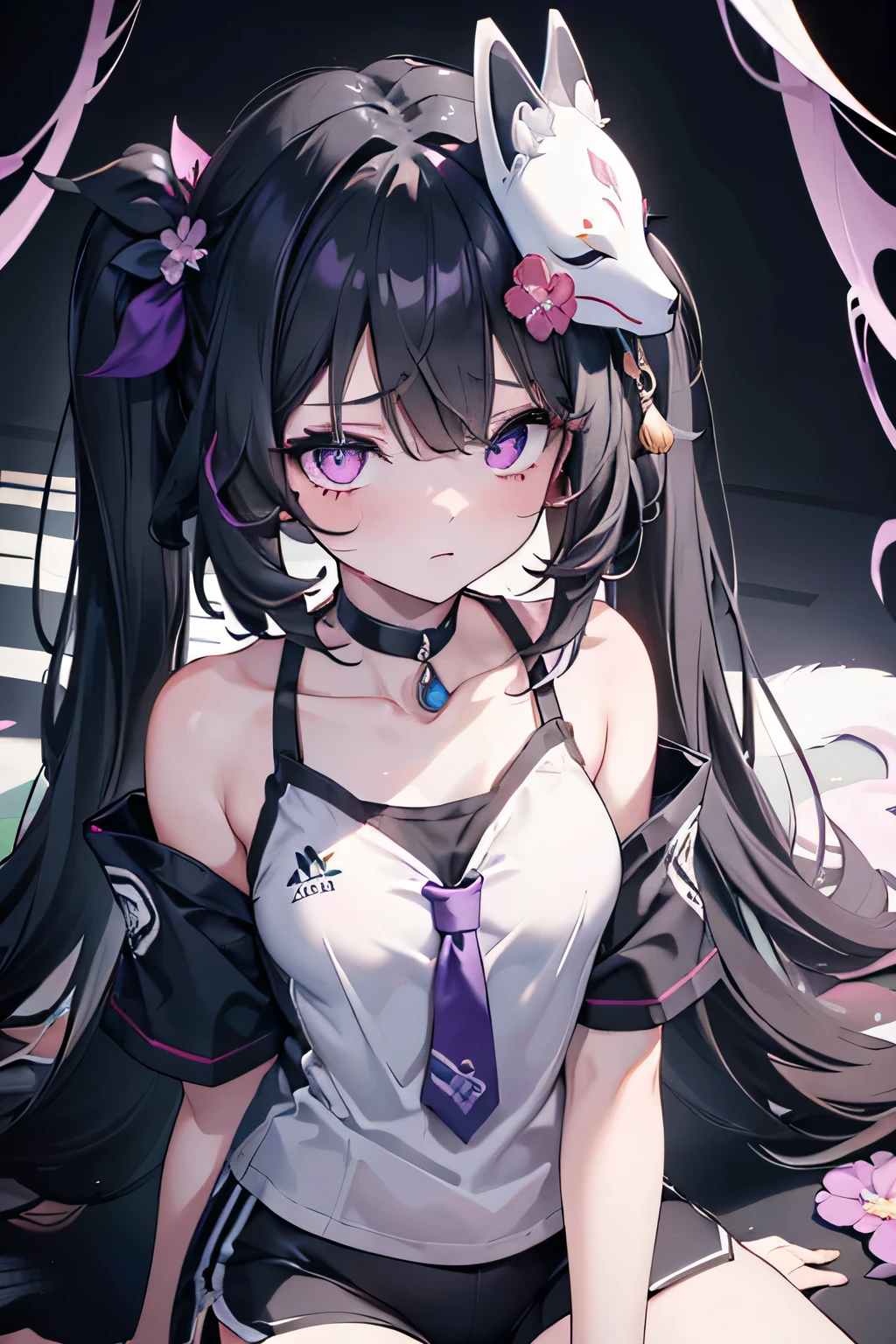 ((masterpiece,best quality)),(negative space:1.4),(1girl, solo:1.4), alleyway, dark atmosphere, a young woman who has black hair that is tied into two high pigtails with a purple tie. Her hair reaches her hips and has purple tips, fringe middle bangs, and two locks in front, with the left lock reaching her collarbone and the right lock reaches her shoulder. She has fluorescent pink eyes with a light colored butterfly detail under her pupils, beautiful detailed eyes, sad, crying, injury, fallen down, sitting down, tiny black dots under each of her eyes. ((Additionally, a white-and-black Kitsune mask is at an angle on the top of her head)), ((which has a purple flower gem on its forehead)), gym uniform, white t-shirt, with blue outlines, blue tight shorts, high school, running track, sweaty
