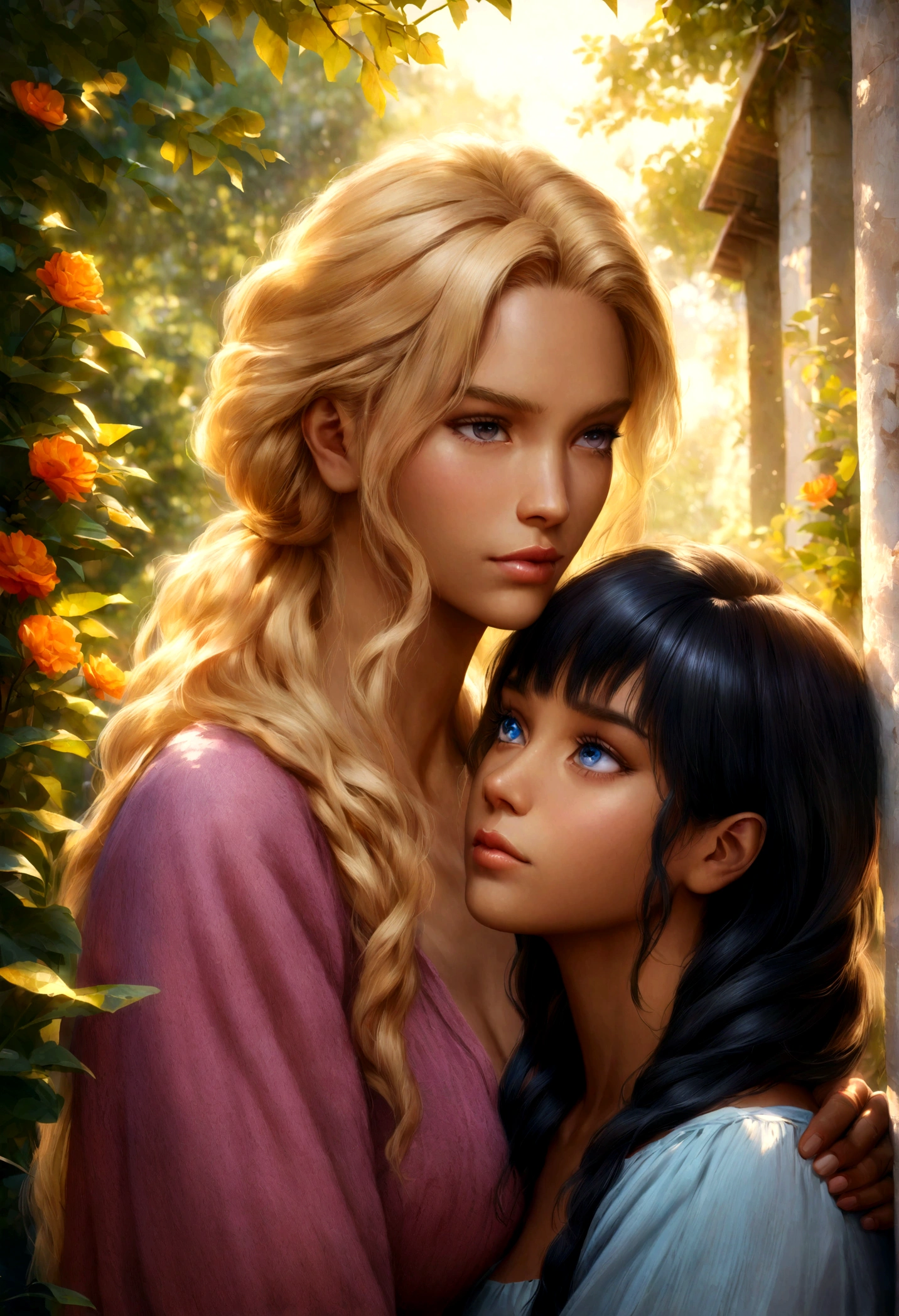(realistic anime couple),dark skinned girl with black hair,white skinned masculine viking boy with blonde viking hair,detailed eyes,detailed lips,long lashes,beautiful hairstyles,expressive facial expressions,garden setting,dreamy atmosphere,soft lighting,emotional connection,romantic pose,vibrant colors,anime style,high-res artwork,ultra-realistic rendering