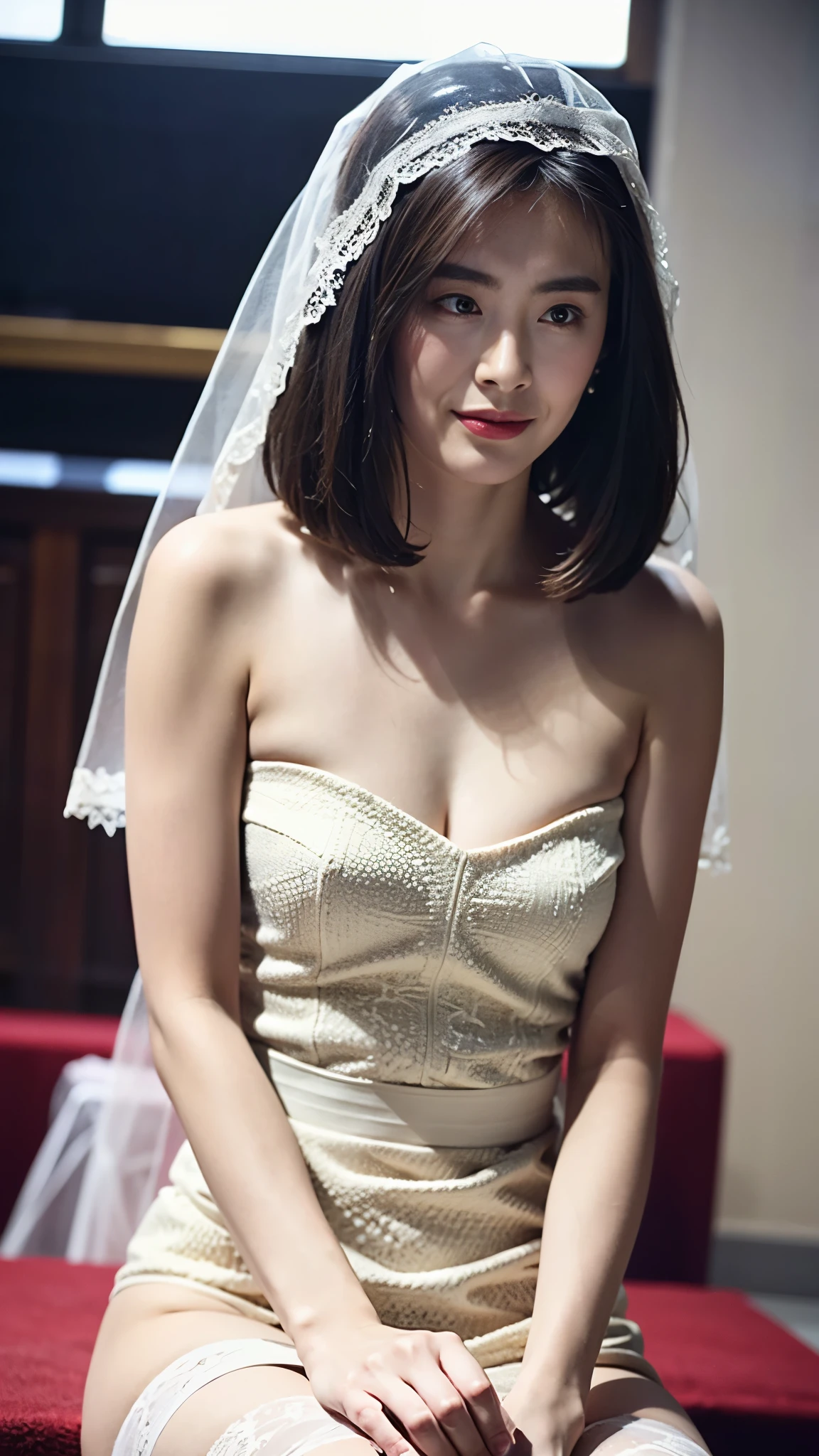 Very detailedな CG Unity 8k 壁紙, highest quality, Very detailed, masterpiece, Realistic, photoRealistic, Very detailedなかわいい***, (Age 25), blush, Round eyes, (Bobcut), whole body, Place your hands between your legs, (White sheer lace underwear), Wedding Veil, White lace stockings, garter belt, Accentuate your cleavage, Very large breasts, Extra deep U-neck