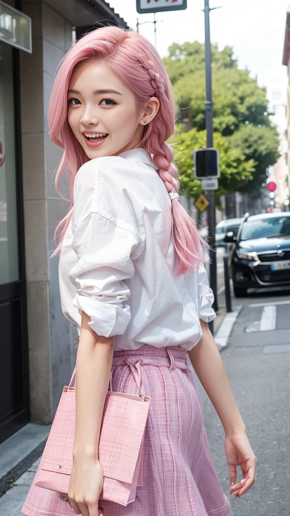 (8k、highest quality、masterpiece:1.2)、(Realistic、Photorealistic:1.37)、Ultra-detailed、1 girl、18-year-old、Mid-chest、Beauty、Beautiful and perfect face、Natural smile、solo、holiday、Busy Street、shopping、Fashionable clothes、Nose redness)、(Laughter:1.5)、(Shut your mouth.) 、Beautiful Eyes、(length:1.2)、Floating Hair 、Mid-length hair、Pink Hair Medium Hair, (Pink Hair), Ear hair, small , Single Blade, (Single Blade), (Side braid),Check shirt