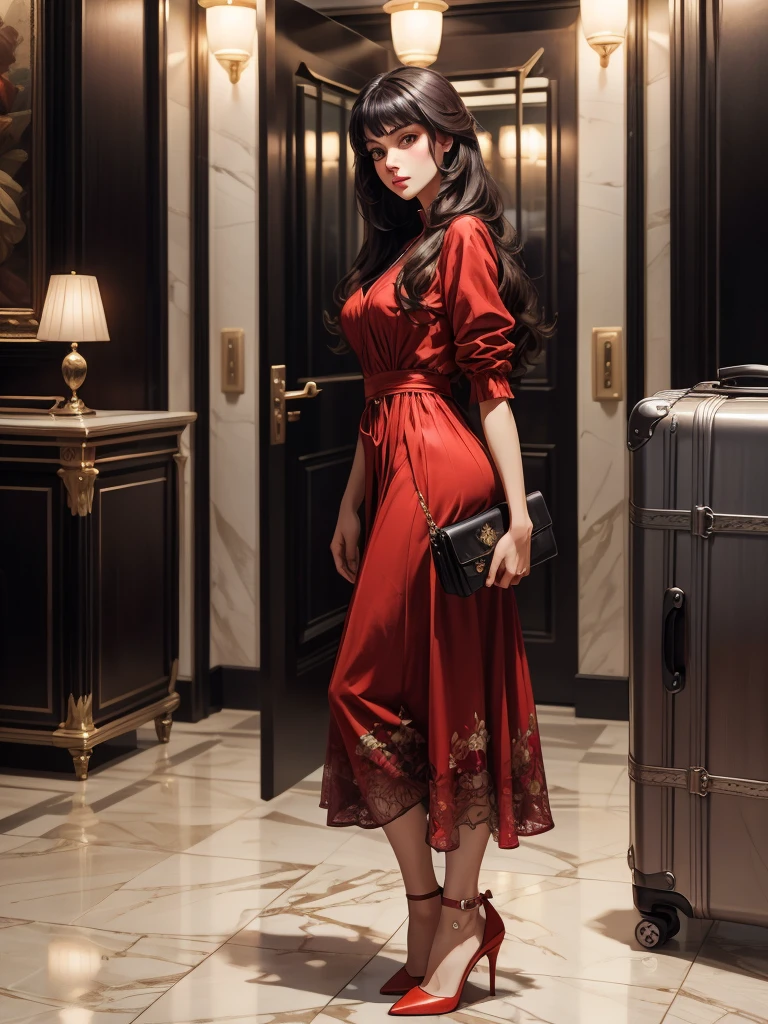 An incredibly beautiful young femme fatale brunette with long black straight hair, long bangs, dressed in a light summer red dress, purple eyes, high-heeled shoes, next to her a large suitcase on wheels, in her hands a small purse. She's standing in the lobby of the hotel. Masterpiece, beautiful face, beautiful facial features, perfect image, realistic photos, full-length image, 8k, detailed image, extremely detailed illustration, a real masterpiece of the highest quality, with careful drawing. In full growth.