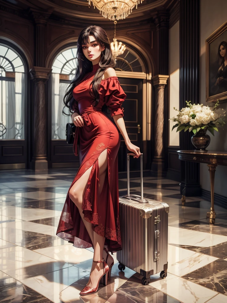 An incredibly beautiful young femme fatale brunette with long black straight hair, long bangs, dressed in a light summer red dress, purple eyes, high-heeled shoes, next to her a large suitcase on wheels, in her hands a small purse. She's standing in the lobby of the hotel. Masterpiece, beautiful face, beautiful facial features, perfect image, realistic photos, full-length image, 8k, detailed image, extremely detailed illustration, a real masterpiece of the highest quality, with careful drawing. In full growth.