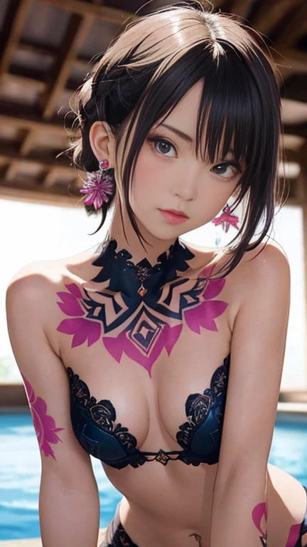 Anime-style woman, thin, thin, whole body, Full of tattoos, Lots of earrings, Beautiful and shiny hair, Rainbow Eyes, Slanted Eyes, Wavy silver hair, Kind and charming, shoulderを露出させる, Delicate and sexy collarbone, Attractive oval face, double eyelid, Pink Lips, Small Nose, Concentrated face, Ultra-high resolution, Very detailed, Graceful posture, Nice, ultra-thin,arm,shoulder,chest,Deep royal purple Samoan tribal tattoo body paint on genitals, Glowing Skin, Realistic Background, sunlight