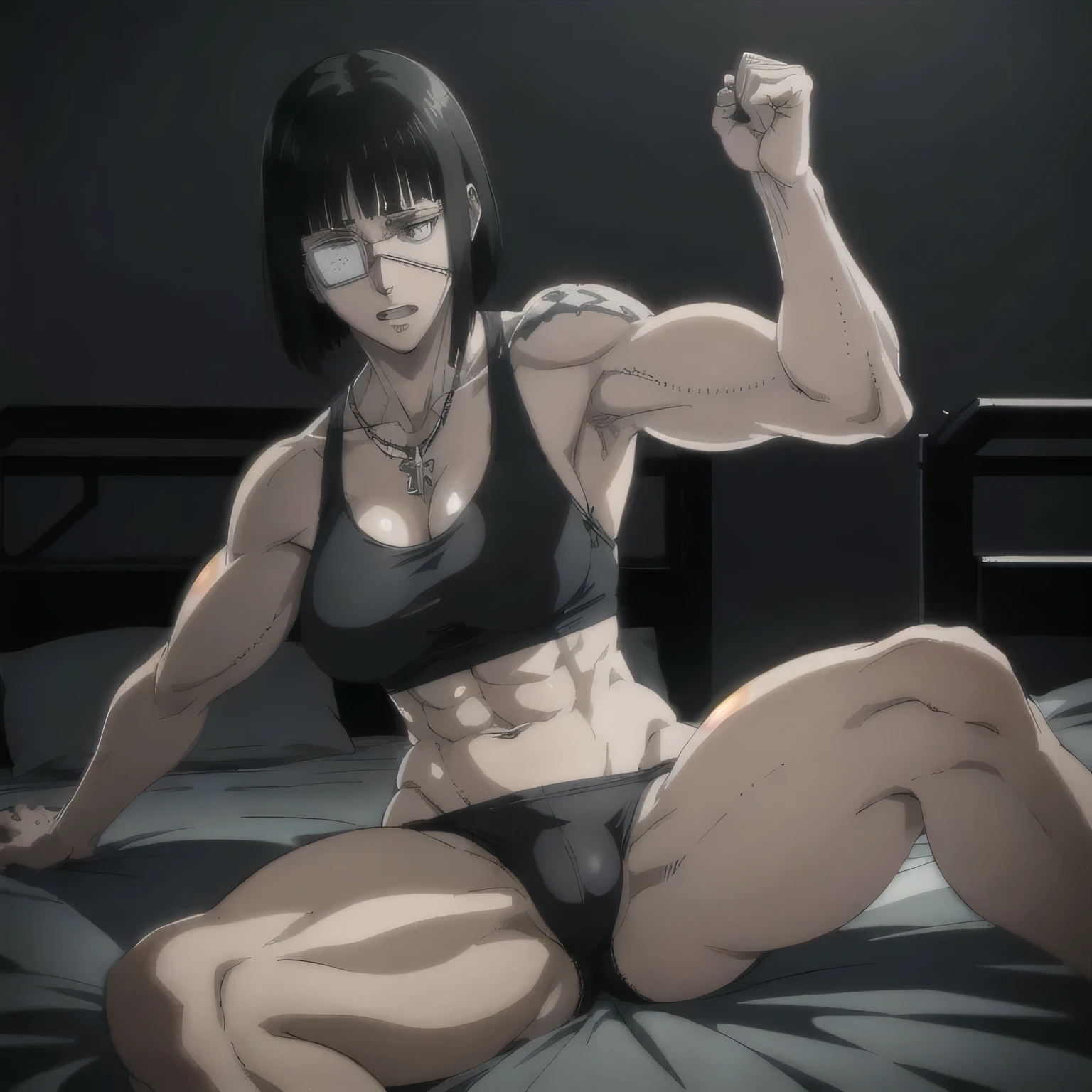 (best quality,ultra-detailed,realistic:1.37),musclaur badass girl with sculpted body have a tattoos wearing sport tank top and black male underwear, full review of the female character's face and body, intense expression, strong and confident posture, studio lighting, vivid colors, physiologically-based rendering, grungy texture, rugged background, dust particles in the air, commanding presence, professional, powerful, gritty aesthetics,Valmet،short hair,necklace,six-pack,eyepatch,handsome look,Valmet prime muscles, penis growth inside underwear,tight underwear,sleeping in bed,Bed on the floor,sex in bed,