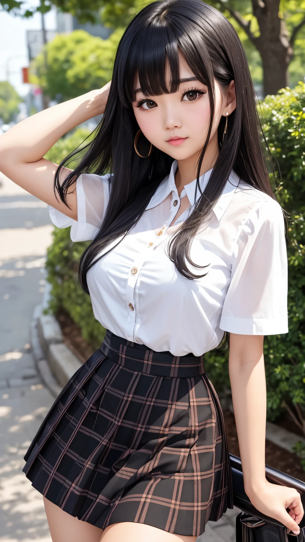 Detailed face、highlight、Asian Girl、thigh、breast enhancement、Black Hair、Heavy bangs、Checkered Skirt、White blouse、