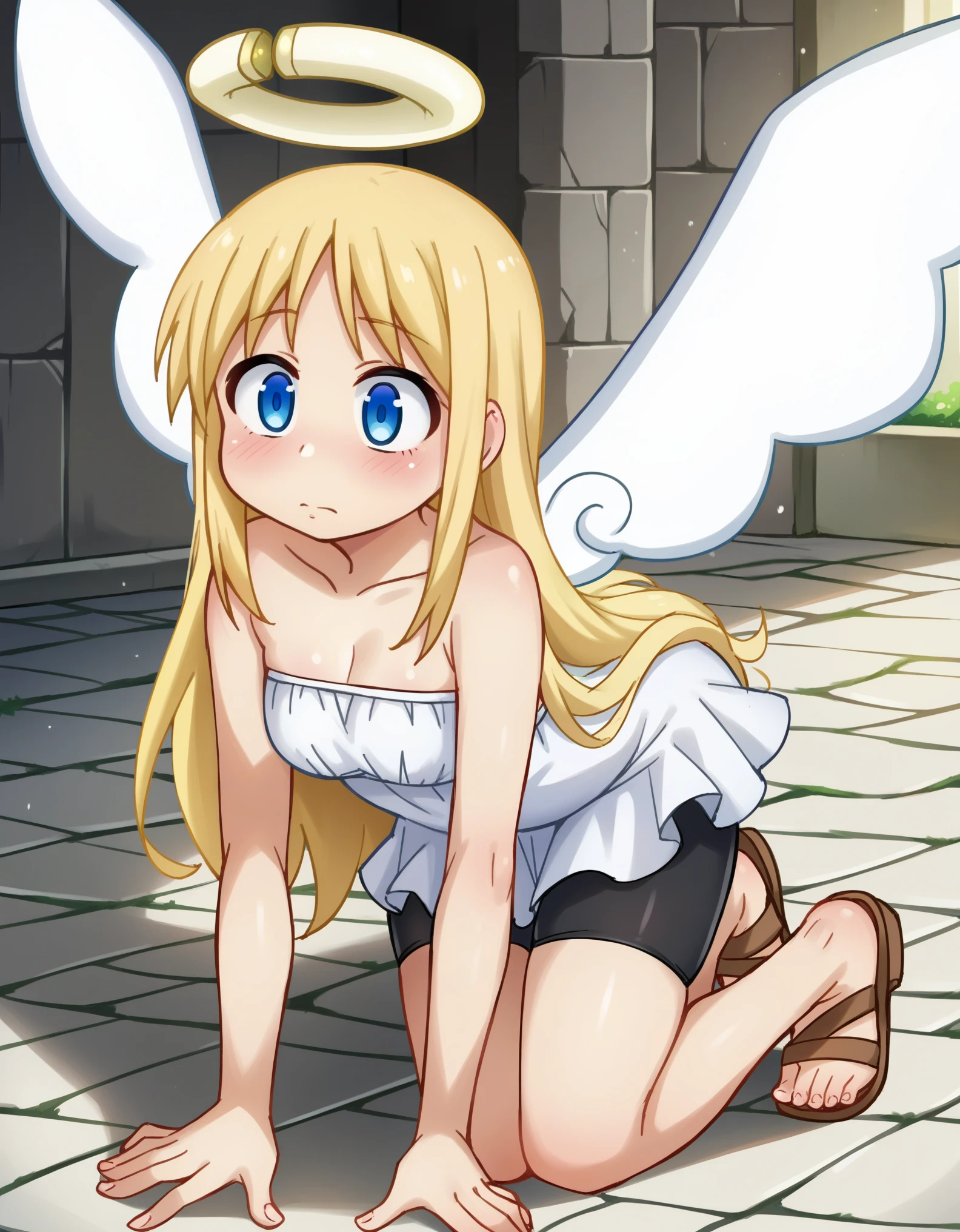  score_10, score_8, crimvael \(interspecies reviewers\),blue eyes,blonde hair,long hair,angel,halo,wings,white dress,strapless,bare shoulders,bike shorts,sandals, 