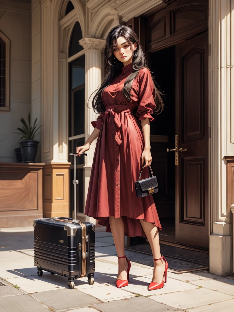 An incredibly beautiful young femme fatale brunette with long black straight hair, long bangs, dressed in a light summer red dress, purple eyes, high-heeled shoes, next to her a large suitcase on wheels, in her hands a small purse. She's standing in the lobby of the hotel. Masterpiece, perfect image, realistic photos, full-length image, 8k, detailed image, extremely detailed illustration, a real masterpiece of the highest quality, with careful drawing. In full growth.