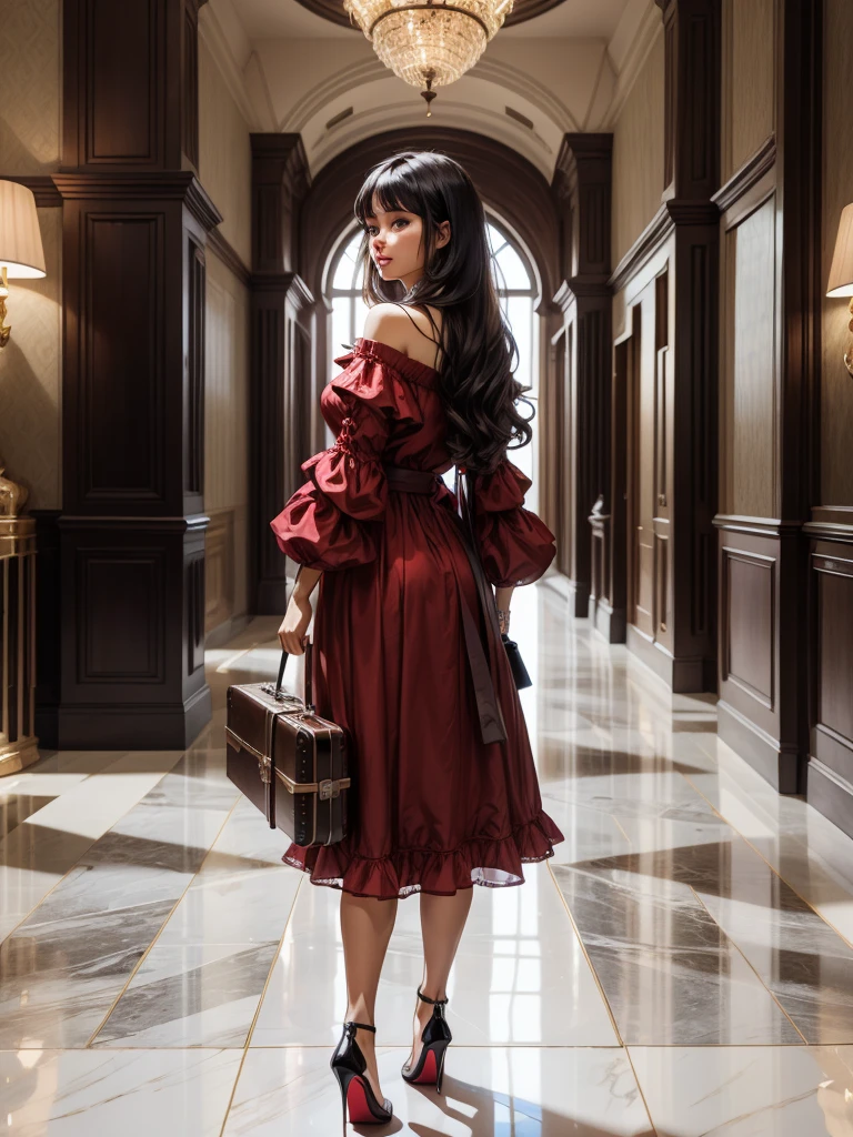 An incredibly beautiful young femme fatale brunette with long black straight hair, long bangs, dressed in a light summer red dress, purple eyes, high-heeled shoes, next to her a large suitcase on wheels, in her hands a small purse. She's standing in the lobby of the hotel. Masterpiece, perfect image, realistic photos, full-length image, 8k, detailed image, extremely detailed illustration, a real masterpiece of the highest quality, with careful drawing. In full growth.