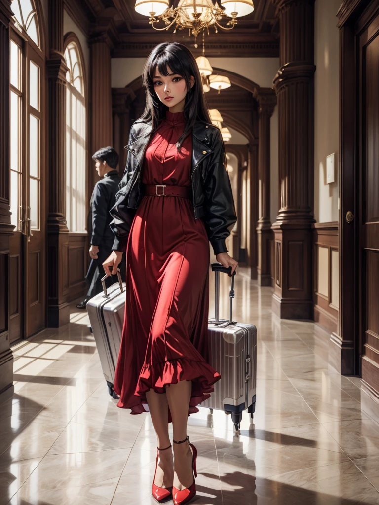 An incredibly beautiful young femme fatale brunette with long black straight hair, long bangs, dressed in a light summer red dress, purple eyes, high-heeled shoes, next to her a large suitcase on wheels, in her hands a small purse. She's standing in the lobby of the hotel. Masterpiece, perfect image, realistic photos, full-length image, 8k, detailed image, extremely detailed illustration, a real masterpiece of the highest quality, with careful drawing. In full growth.