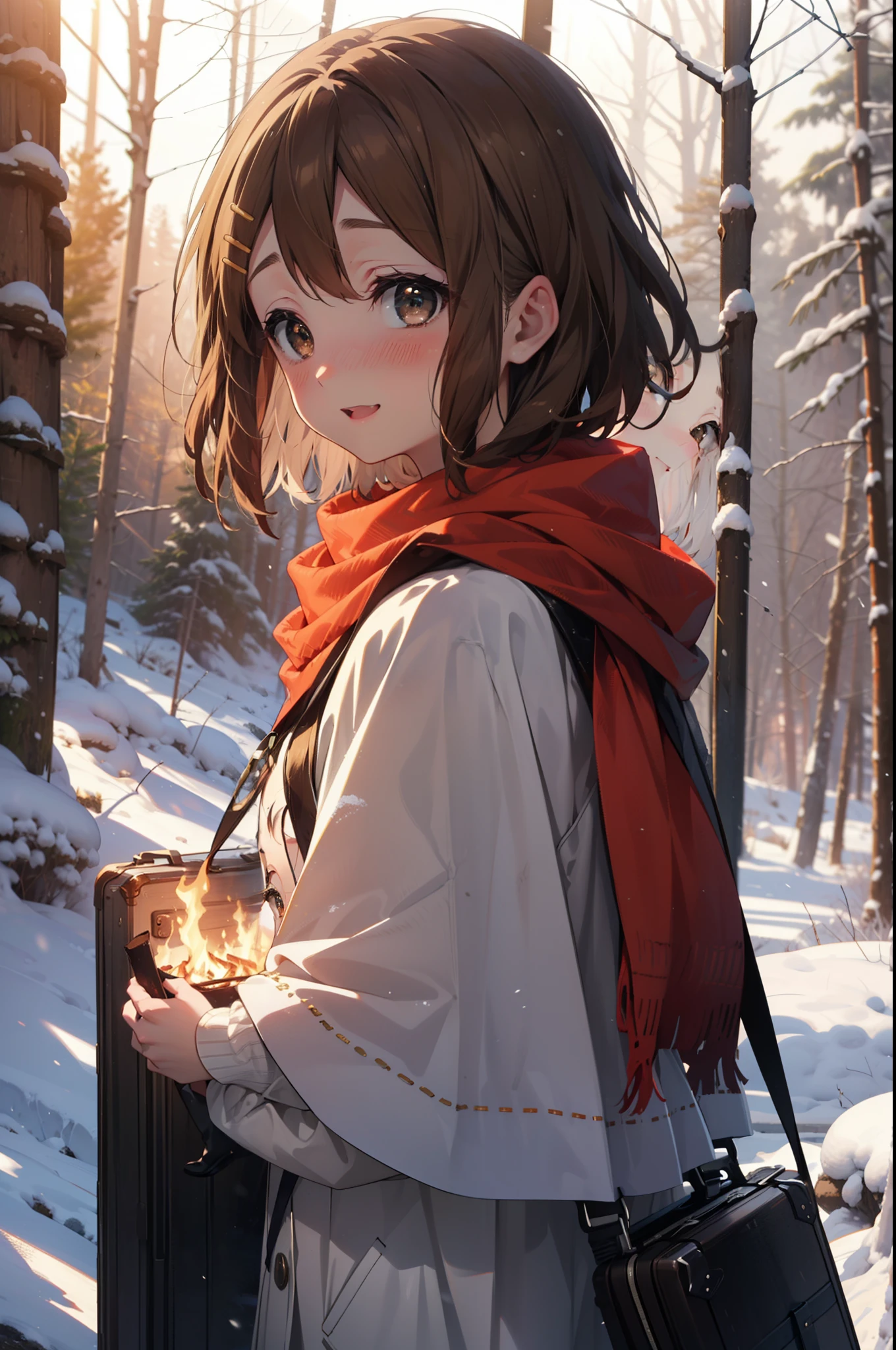 yuihirasawa, Yui Hirasawa, short hair, Brown Hair, hair ornaments, (Brown eyes:1.5), Hair Clip、smile,smile,blush,White Breath,
Open your mouth,snow,A bonfire on the ground,, Outdoor, boots, snowing, From the side, wood, suitcase, Cape, Blurred, , forest, White handbag, nature,  Squat, Mouth closed, Cape, winter, Written boundary depth, Black shoes, red Cape break looking at viewer, Upper Body, whole body, break Outdoor, forest, nature, break (masterpiece:1.2), highest quality, High resolution, unity 8k wallpaper, (shape:0.8), (Beautiful and beautiful eyes:1.6), Highly detailed face, Perfect lighting, Extremely detailed CG, (Perfect hands, Perfect Anatomy),