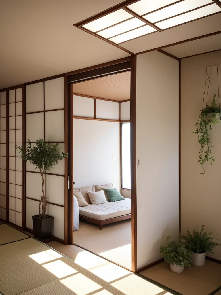 Tatami room、Simple and modern Japanese style room。The room has a tatami floor.、Glass vases filled with dried plants are placed against the wall.。Indirect lighting is installed at the joints between the walls and ceiling.、Gives off a soft and warm light。On the right side of the room there is a storage space.、There is a wicker basket。There is a window on the left.、Natural light pours in from outside。The overall design is clean and minimalist.、It creates a calm atmosphere。The background is unified in white and neutral tones.、The beauty of the modern Japanese interior stands out.。