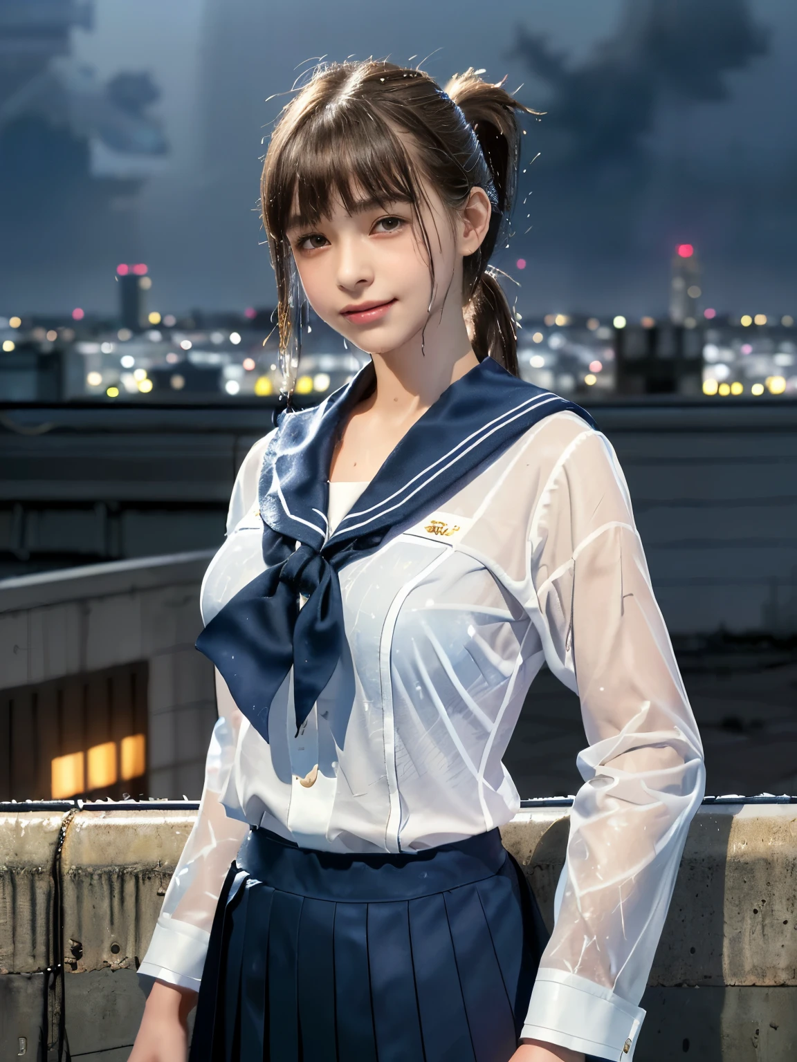 best quality, masterpiece, (realistic:1.2), 1 girl, (:1.5), (silhouette lighting:1.4), (cowboy shot, from below:1.3), grin, (light brown ponytail hair with bangs:1.2), blue eyes, front, detailed face, beautiful eyes, (wet skin, wet clothes, sailor school uniform:1.3), (medium breast, hourglass figure:1.2), (urban rooftop, skyscraper, rainy night:1.4)