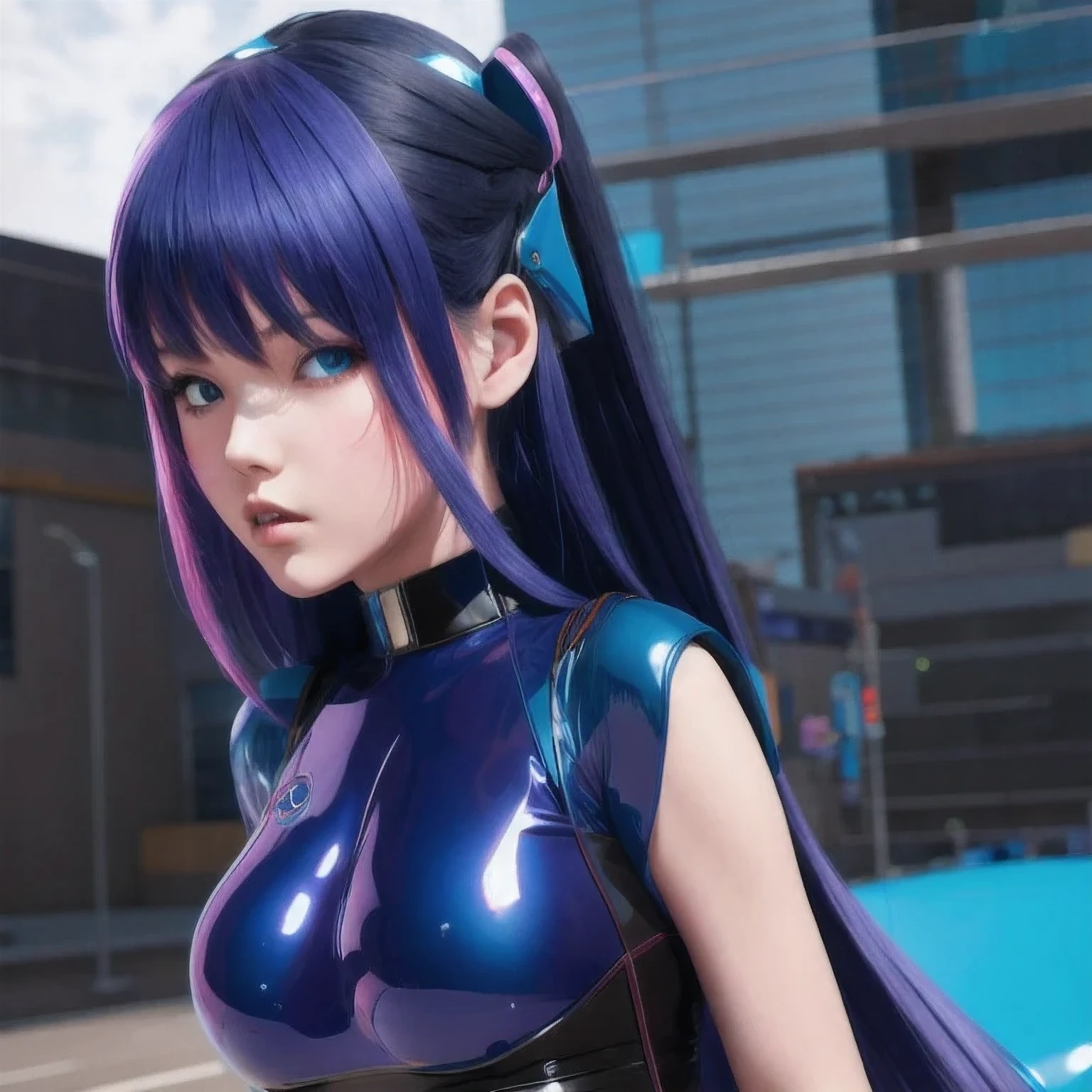 girl in a bangs blue latex outfit posing for a picture, seductive anime girl, Image Quality，photo  anime, oppo masterpiece, 3 d anime realistic, 4 K, artwork in the style of bangs bluecyberpunk, , trending on cgstation, hyper realistic anime