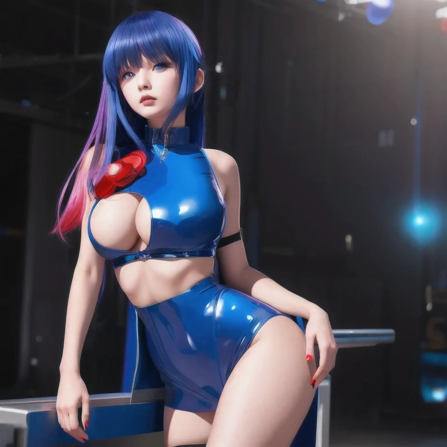 girl in a bangs blue latex outfit posing for a picture, seductive anime girl, Image Quality，photo anime, oppo masterpiece, 3 d anime realistic, 4 K, artwork in the style of bangs bluecyberpunk, , trending on cgstation, hyper realistic anime