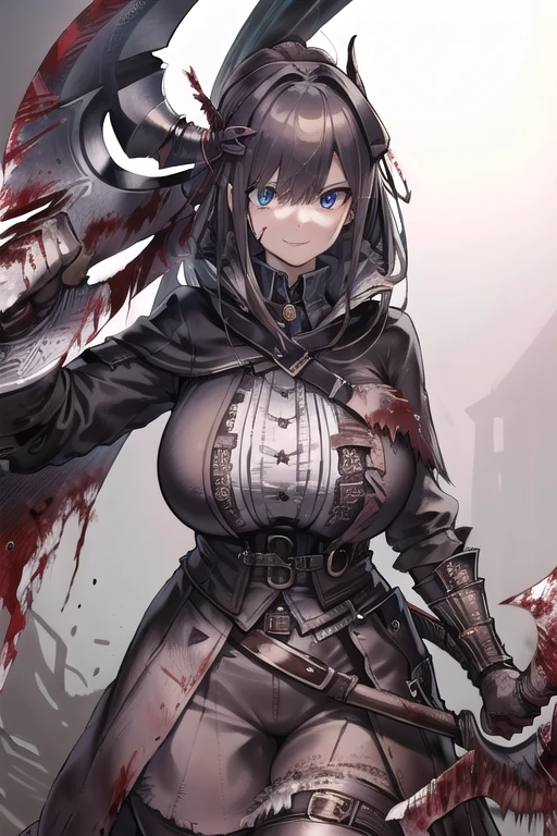 lulusuzuhara, lulu suzuhara, (cowboy shot:1.4), blue eyes, brown hair, hair ornament, hair over one eye, hair ribbon, ((huge breasts, curvy, gigantic breasts, gigantic sagging breasts)), ((crazy smile, evil grin, blood, blood splatter, blood on clothes, blood stain)), 
BREAK edgBB, (holding axe, holding grip of axe, halberd:1.8), 
black gloves, belt, coat, torn clothes, capelet, gauntlets,arms at sides, vambraces, black capelet, tricorn, hunter (bloodborne), 
woman wearing edgBB_outfit, 
BREAK looking at viewer, 
BREAK (masterpiece:1.2), best quality, high resolution, unity 8k wallpaper, (illustration:0.8), (beautiful detailed eyes:1.6), extremely detailed face, perfect lighting, extremely detailed CG, (perfect hands, perfect anatomy),