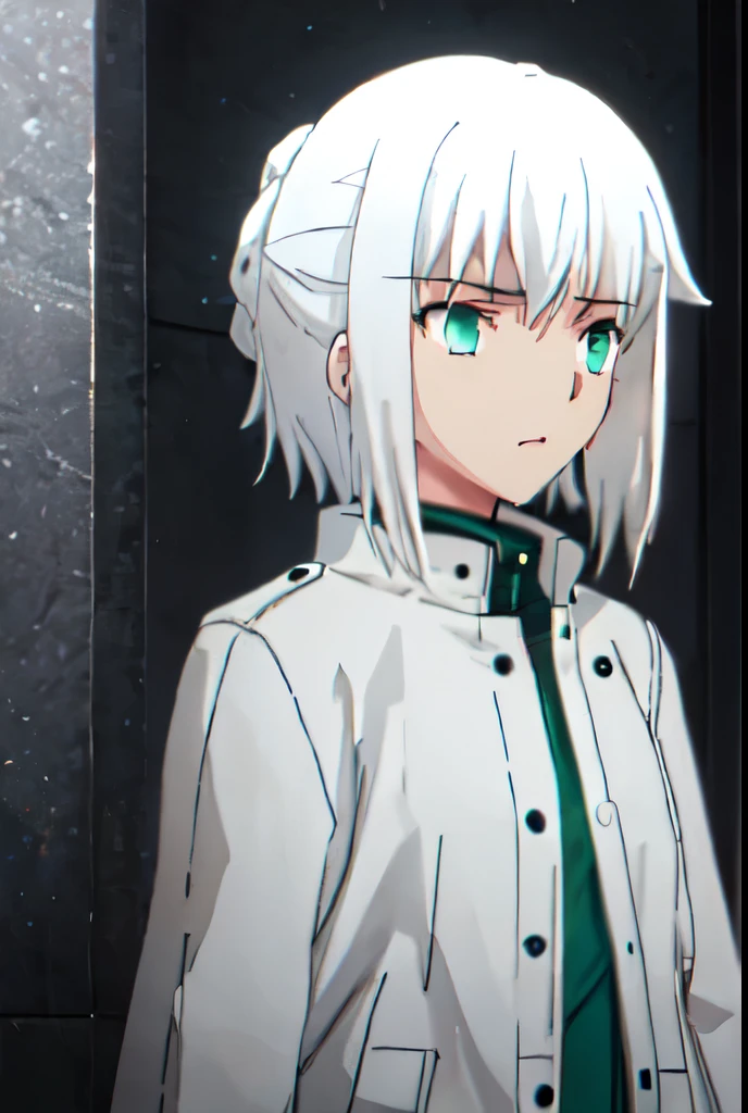1girl, white hair girl without front hair, bangs, emerald eyes, confused, coat 