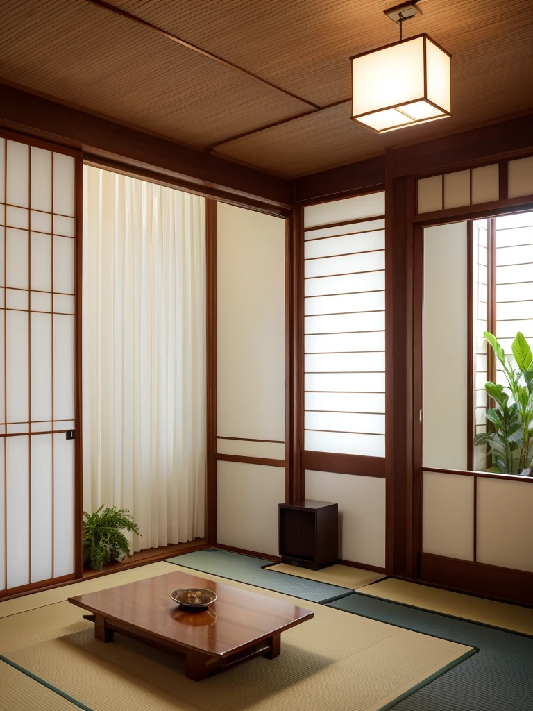 Tatami room、Simple and modern Japanese style room。The room has a tatami floor.、Glass vases filled with dried plants are placed against the wall.。Indirect lighting is installed at the joints between the walls and ceiling.、Gives off a soft and warm light。On the right side of the room there is a storage space.、There is a wicker basket。There is a window on the left.、Natural light pours in from outside。The overall design is clean and minimalist.、It creates a calm atmosphere。The background is unified in white and neutral tones.、The beauty of the modern Japanese interior stands out.。A room without a chair and a table、Tatami room、Bright Japanese-style room、Bright lighting、A bright, sunny room、Very bright room、Strong lighting、No people in the picture、ミニマリスティックでelegantなモダン和風のダイニングルーム。A single washi paper lantern hangs from the ceiling.、Only one lighting fixture、Provides extremely bright light、The background is clean and neutral.、It enhances a calm and sophisticated atmosphere.。The overall style is a fusion of traditional Japanese elements and modern design.。「Stylish Japanese modern dining」NSFW,The Core of Reality, elegant, Sharp Focus, Surreal, Very detailed, strict, Dramatic lighting, Conceptual Resolution Art 8kelegant, Sharp focus, Surreal, Very detailed, strict, Dramatic lighting, Conceptual Resolution Art 8k