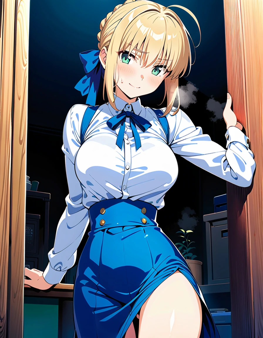 best quality, amazing quality, very aesthetic, 1girl, saber, fate/stay night, 1girl, saber, fate/stay night, , (artist official art:1.5), ahoge_hair, green eyes, steaming body, trembling, large breasts, G_Cup, jitome, cinematic light, offical_outfit, from_the_front, stand, on bedroom, dark_room, happy, smile, blush, night, looking_at_viewer, oily_skin