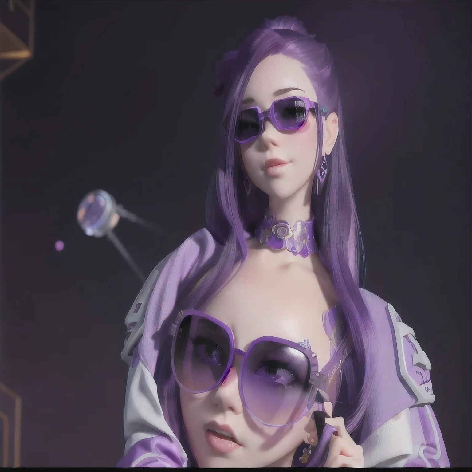 purple haired woman with purple sunglasses and a purple jacket, artwork in the style of guweiz, inspired by Yanjun Cheng, guweiz, trending on cgstation, belle delphine, yanjun chengt, ross tran 8 k, purple aethetic, in the style of ross tran, luts, deviantart artstation cgscosiety, trending at cgstation
