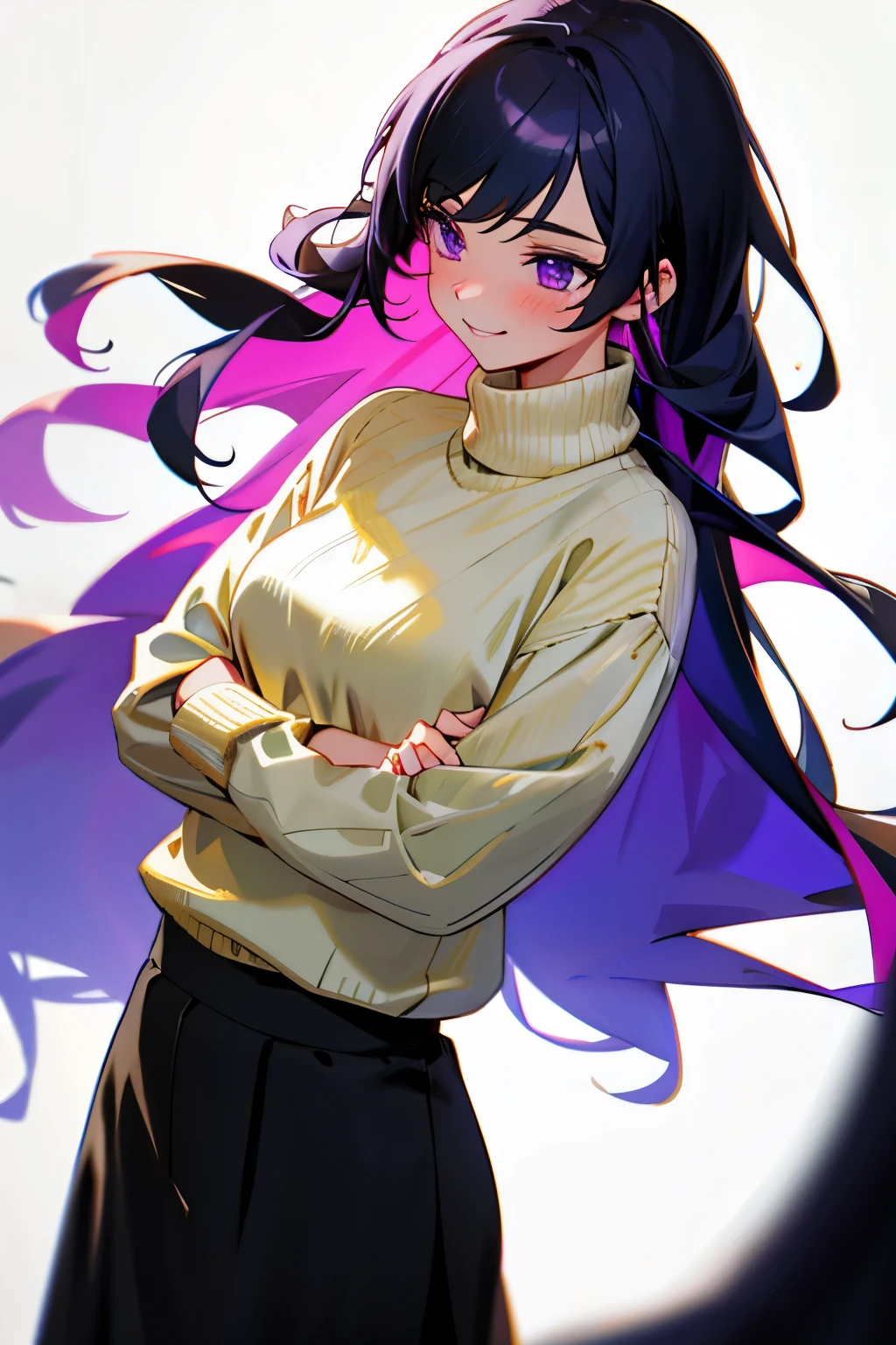 (masterpiece), ((sfw)), best quality, expressive eyes, perfect face, , (1girl,, young adult, beautiful,), solo, black long hair, purple eyes BREAK (fair skin,), cowboy shot, smile, sweater BREAK, long skirt BREAK, standing BREAK, soft smile, :), in love, beautiful face, in love face, in love smile. Looking away, embarrassed, touching lips