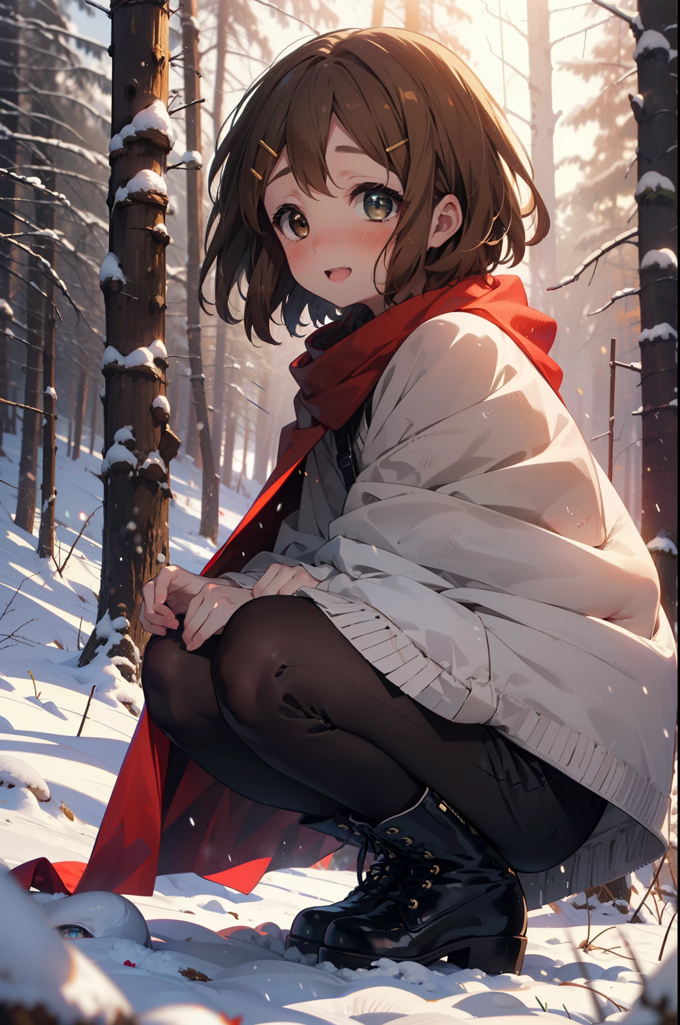 yuihirasawa, Yui Hirasawa, short hair, Brown Hair, hair ornaments, (Brown eyes:1.5), Hair Clip、smile,smile,blush,White Breath,
Open your mouth,snow,A bonfire on the ground,, Outdoor, boots, snowing, From the side, wood, suitcase, Cape, Blurred, , forest, White handbag, nature,  Squat, Mouth closed, Cape, winter, Written boundary depth, Black shoes, red Cape break looking at viewer, Upper Body, whole body, break Outdoor, forest, nature, break (masterpiece:1.2), highest quality, High resolution, unity 8k wallpaper, (shape:0.8), (Beautiful and beautiful eyes:1.6), Highly detailed face, Perfect lighting, Extremely detailed CG, (Perfect hands, Perfect Anatomy),