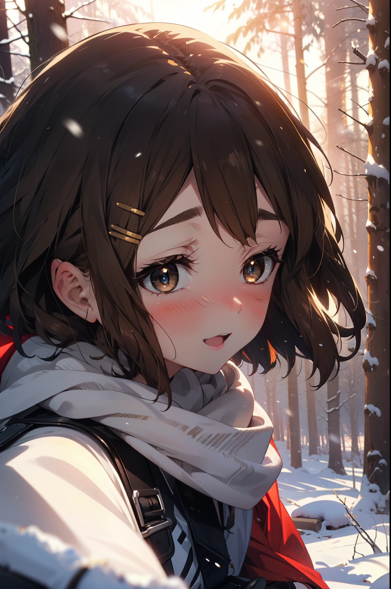 yuihirasawa, Yui Hirasawa, short hair, Brown Hair, hair ornaments, (Brown eyes:1.5), Hair Clip、smile,smile,blush,White Breath,
Open your mouth,snow,A bonfire on the ground,, Outdoor, boots, snowing, From the side, wood, suitcase, Cape, Blurred, , forest, White handbag, nature, Squat, Mouth closed, Cape, winter, Written boundary depth, Black shoes, red Cape break looking at viewer, Upper Body, whole body, break Outdoor, forest, nature, break (masterpiece:1.2), highest quality, High resolution, unity 8k wallpaper, (shape:0.8), (Beautiful and beautiful eyes:1.6), Highly detailed face, Perfect lighting, Extremely detailed CG, (Perfect hands, Perfect Anatomy),