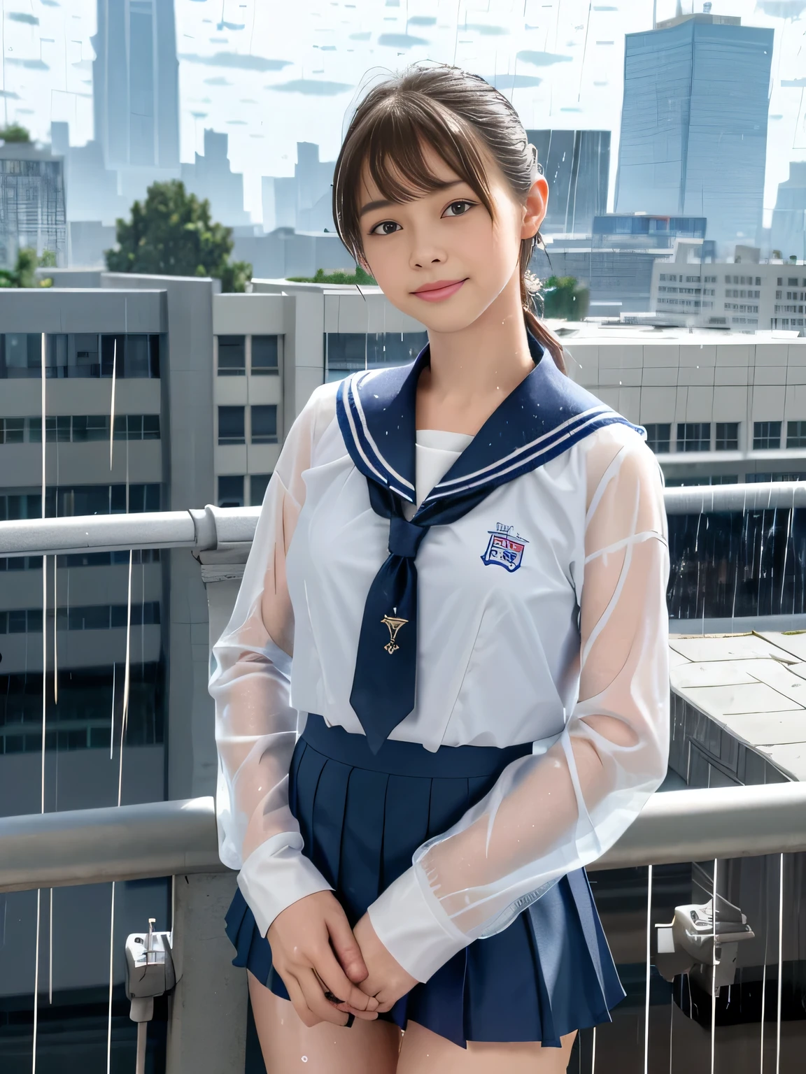 best quality, masterpiece, (realistic:1.2), 1 girl, (:1.5), (silhouette lighting:1.4), (cowboy shot:1.3), grin, (light brown ponytail hair with bangs:1.2), blue eyes, front, detailed face, beautiful eyes, (wet skin, wet clothes, sailor school uniform:1.3), (windy upskirt, white panty:1.2), (medium breast, hourglass figure:1.2), (urban rooftop, skyscraper, rainy night:1.4)