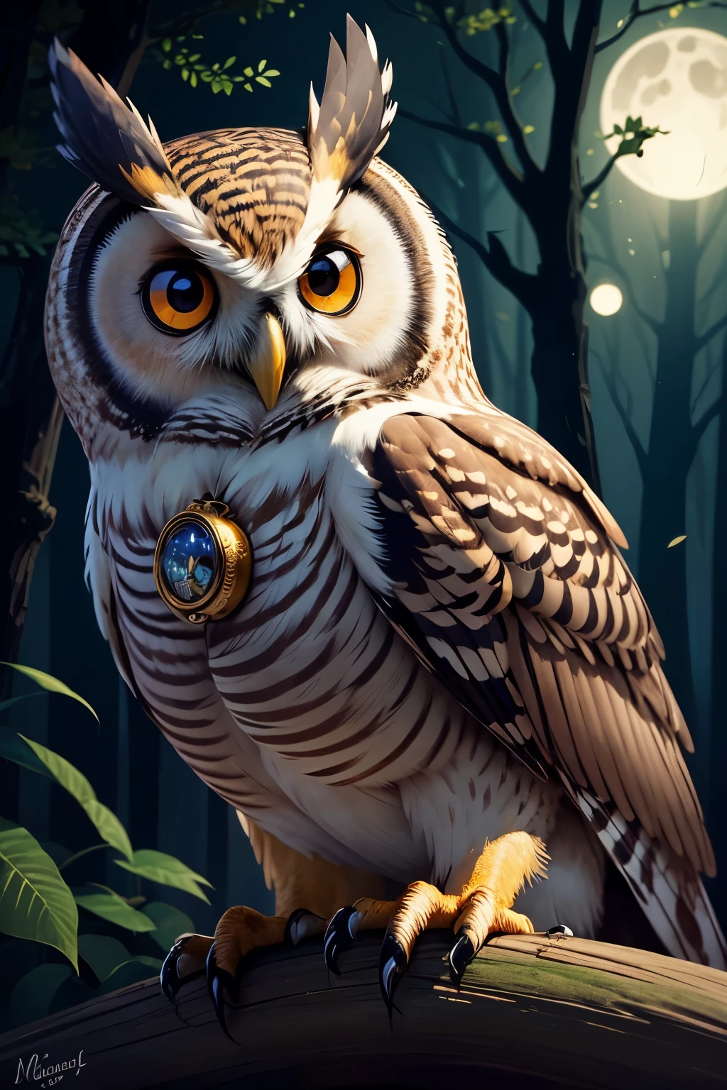 Owl wearing Monocle, (wise eyes), old talons, night time, forest serene, masterpiece