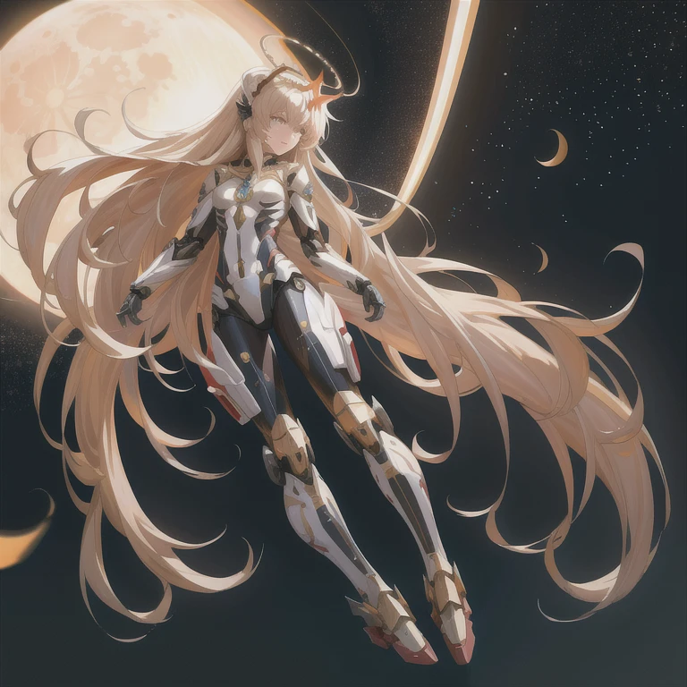 masterpiece,photorealistic,realistic,best quality,highres,extremely detailed CG wallpaper,detailed face,1girl,very long hair,floating hair,small breasts,full body,bokeh,cinematic lighting,chiaroscuro,mecha musume, headgear,mechanical arms, bodysuit,moon,starry sky,galaxy,mechanical horns,mechanical halo,