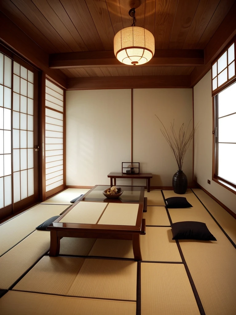 There is a futon placed、Tatami room、Simple and modern Japanese style room。The room has a tatami floor.、Glass vases filled with dried plants are placed against the wall.。Indirect lighting is installed at the joints between the walls and ceiling.、Gives off a soft and warm light。On the right side of the room there is a storage space.、There is a wicker basket。There is a window on the left.、Natural light pours in from outside。The overall design is clean and minimalist.、It creates a calm atmosphere。The background is unified in white and neutral tones.、The beauty of the modern Japanese interior stands out.。A room without a chair and a table、Tatami room、Bright Japanese-style room、Bright lighting、A bright, sunny room、Very bright room、Strong lighting、No people in the picture、ミニマリスティックでelegantなモダン和風のダイニングルーム。A single washi paper lantern hangs from the ceiling.、Only one lighting fixture、Provides extremely bright light、The background is clean and neutral.、It enhances a calm and sophisticated atmosphere.。The overall style is a fusion of traditional Japanese elements and modern design.。「Stylish Japanese modern dining」NSFW,The Core of Reality, elegant, Sharp Focus, Surreal, Very detailed, strict, Dramatic lighting, Conceptual Resolution Art 8kelegant, Sharp focus, Surreal, Very detailed, strict, Dramatic lighting, Conceptual Resolution Art 8k
