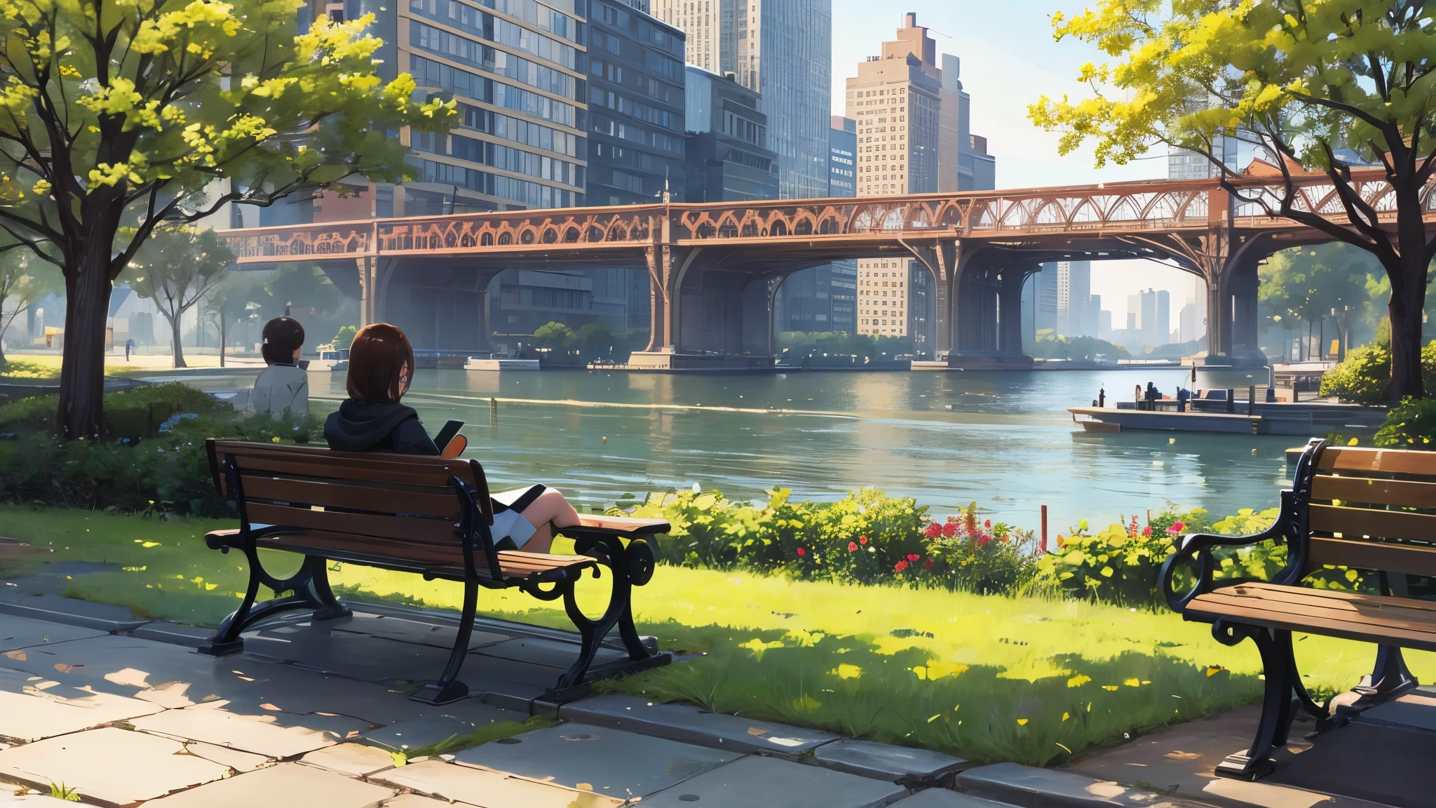 (8k resolution, distinct_image) best quality, masterpiece, highly detailed, semi-realistic, park bench, modern earth, park, new york city