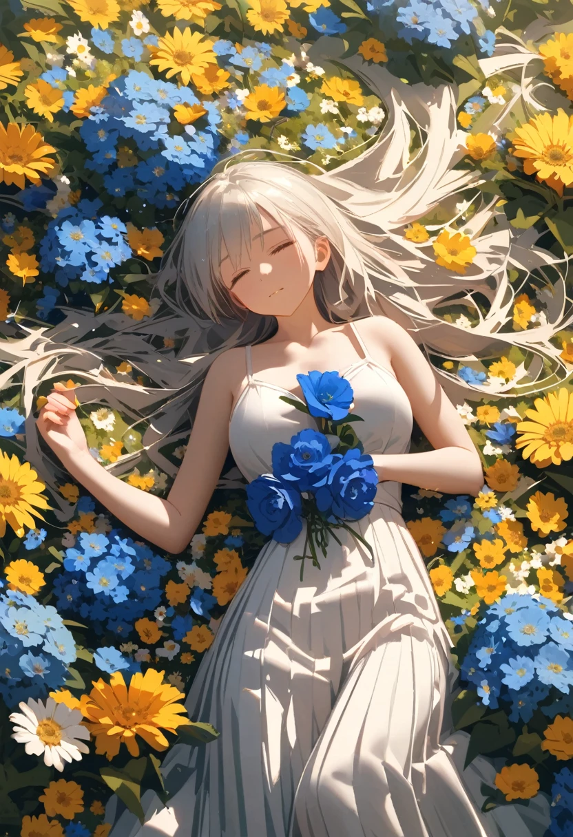 girl,closed eyes, With blue flower head corsage ,Slender body,  White long hair,pleated dress,lying on back,flowers pile up,flower field,filling with flowers,flowers,(lots of flowers),wide shot,from above