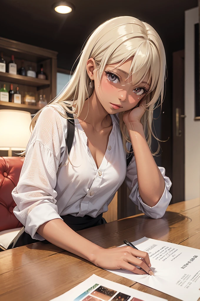 masterpiece、Soft Focus , Bright gradient watercolor、Tabletop, High resolution, 8k, Anime Women, Delicate and detailed writing 、Detailed digital illustration、high resolution, high quality、Detailed Background、Close-up photo、Detailed female face、
anime, alone, One girl, Mature Woman, Marie Rose, Small breasts:0.7, Dark Skin, Woman with dark skin, Make, eye shadow, fix, Sunburned skin, Shiny skin,, Skin of color, Jet Black Skin 、
BREAK Light Blush, Cup, bar, Dim lighting, Drunk
