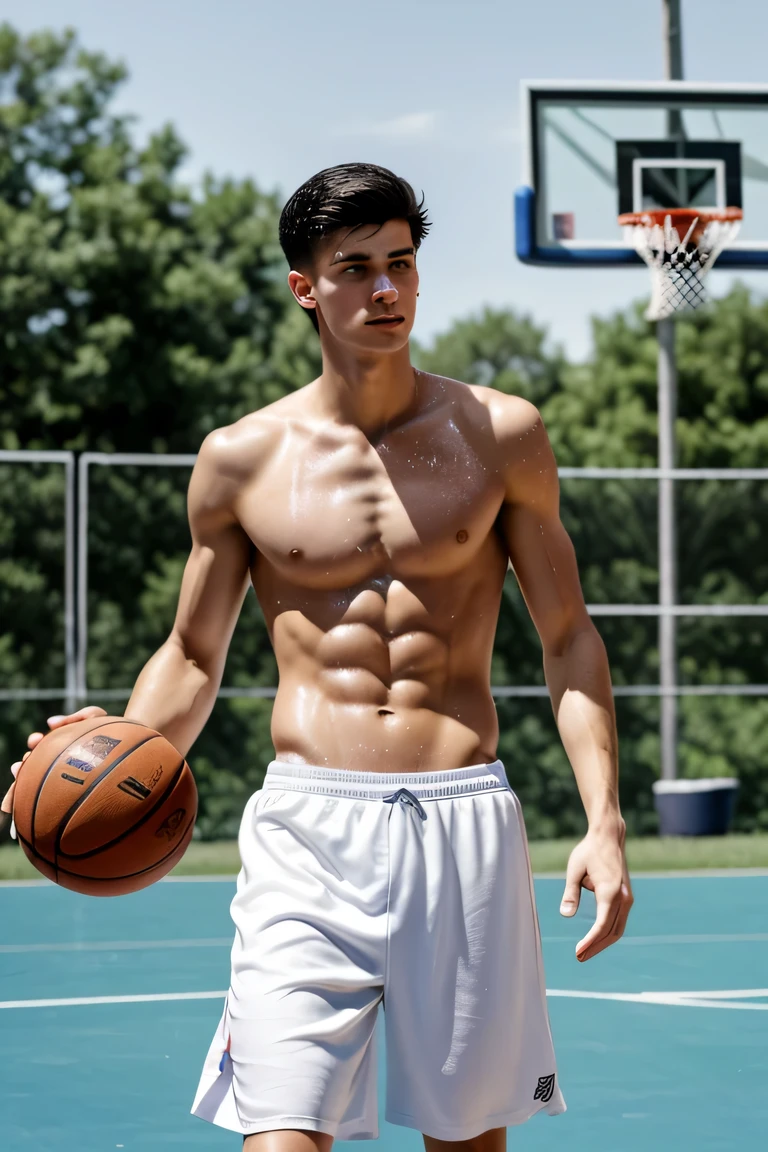 a lean skinny 20-year old shirtless caucasian male wearing low-waist white linen basketball shorts, black rubber shoes, black hair, sweating profusely, drenched in sweat, playing in the outdoor basketball court,